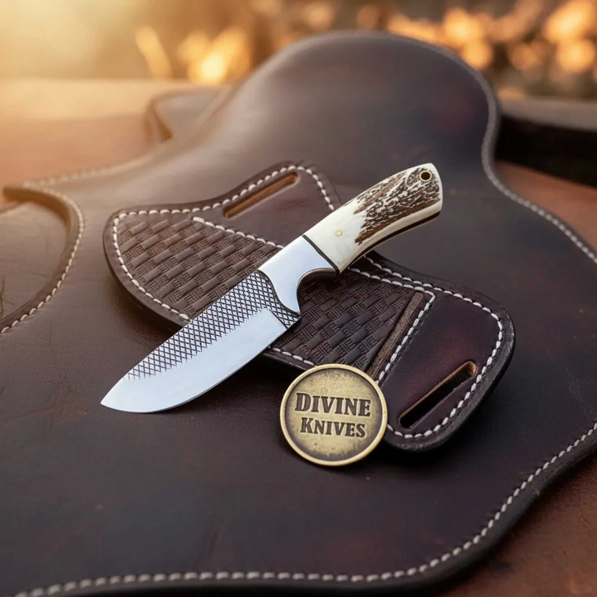 Stag Horn Cowboy Knife with Rasp Steel Blade &amp; Basket-Weave Sheath