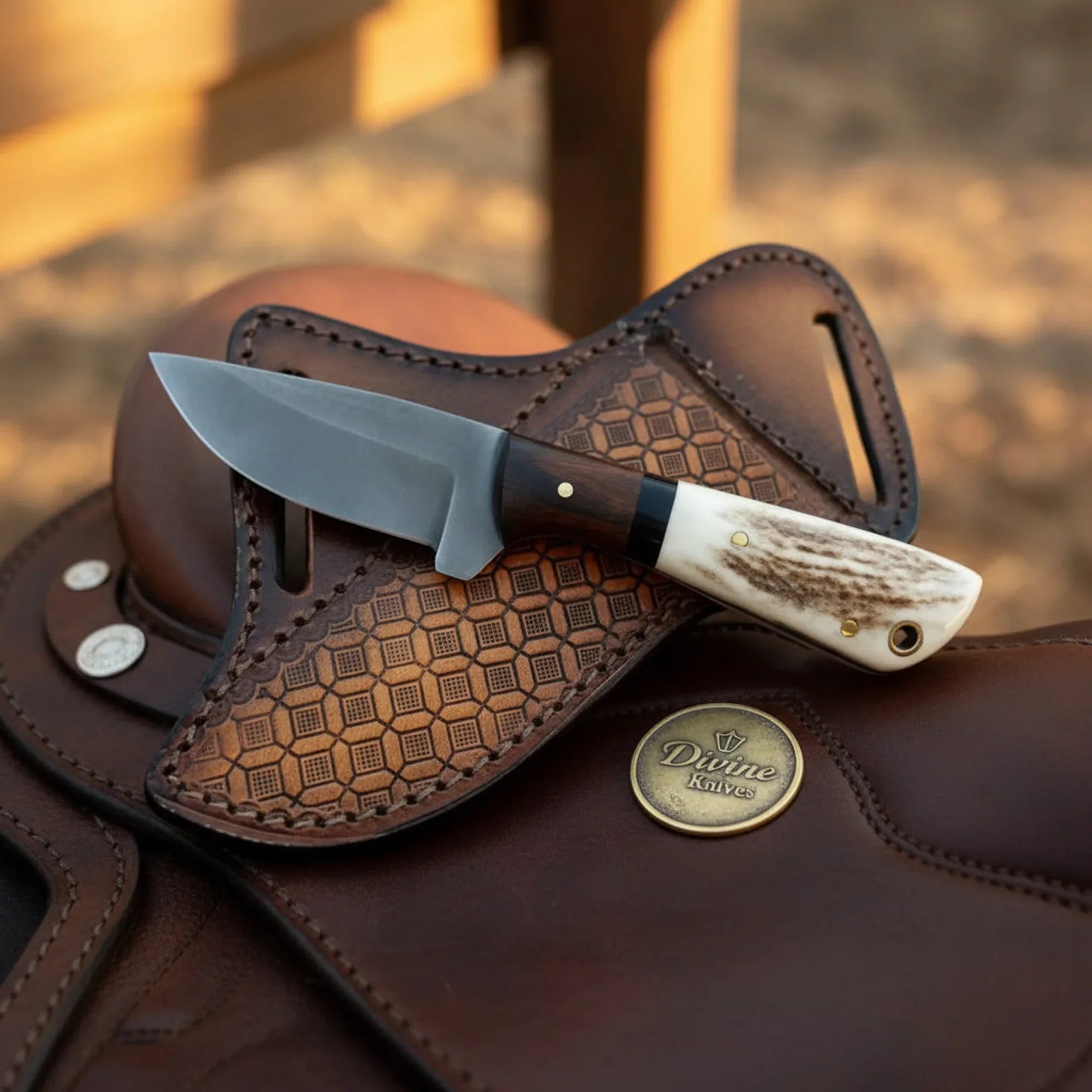 Acid-Washed Cowboy Knife with Stag Horn Handle &amp; Honeycomb Sheath