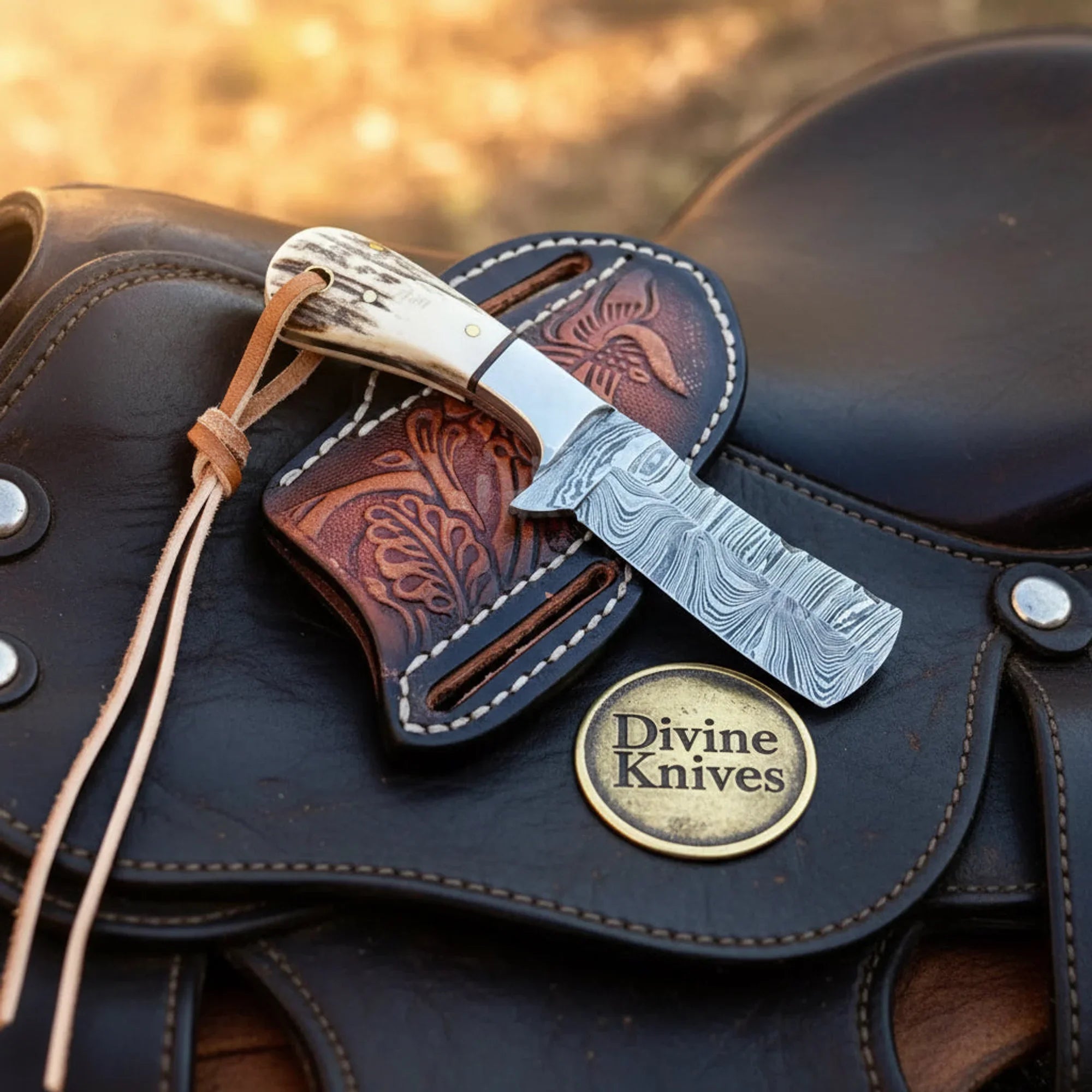 Bull Cutter Cowboy Knife with Damascus Blade &amp; Stag Horn Handle
