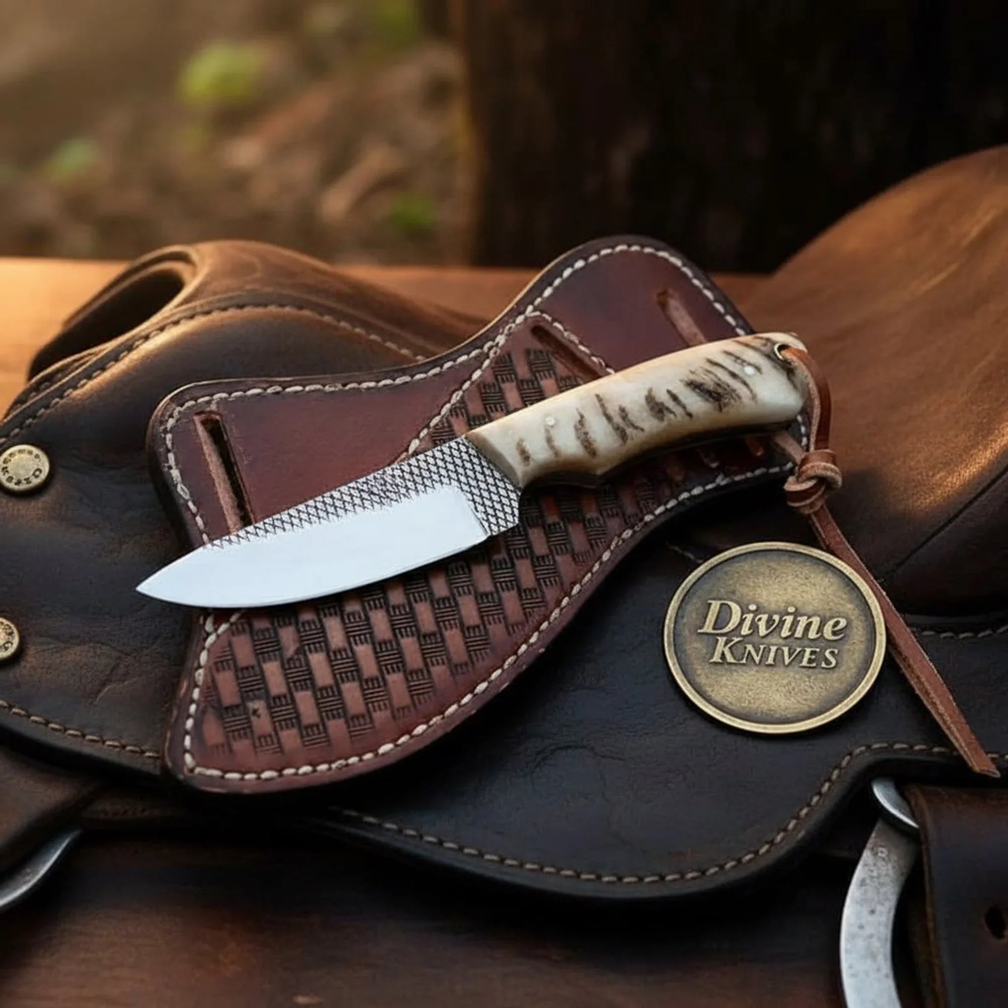 Ram Horn Cowboy Knife with Rasp Steel Blade &amp; Basket-Weave Sheath