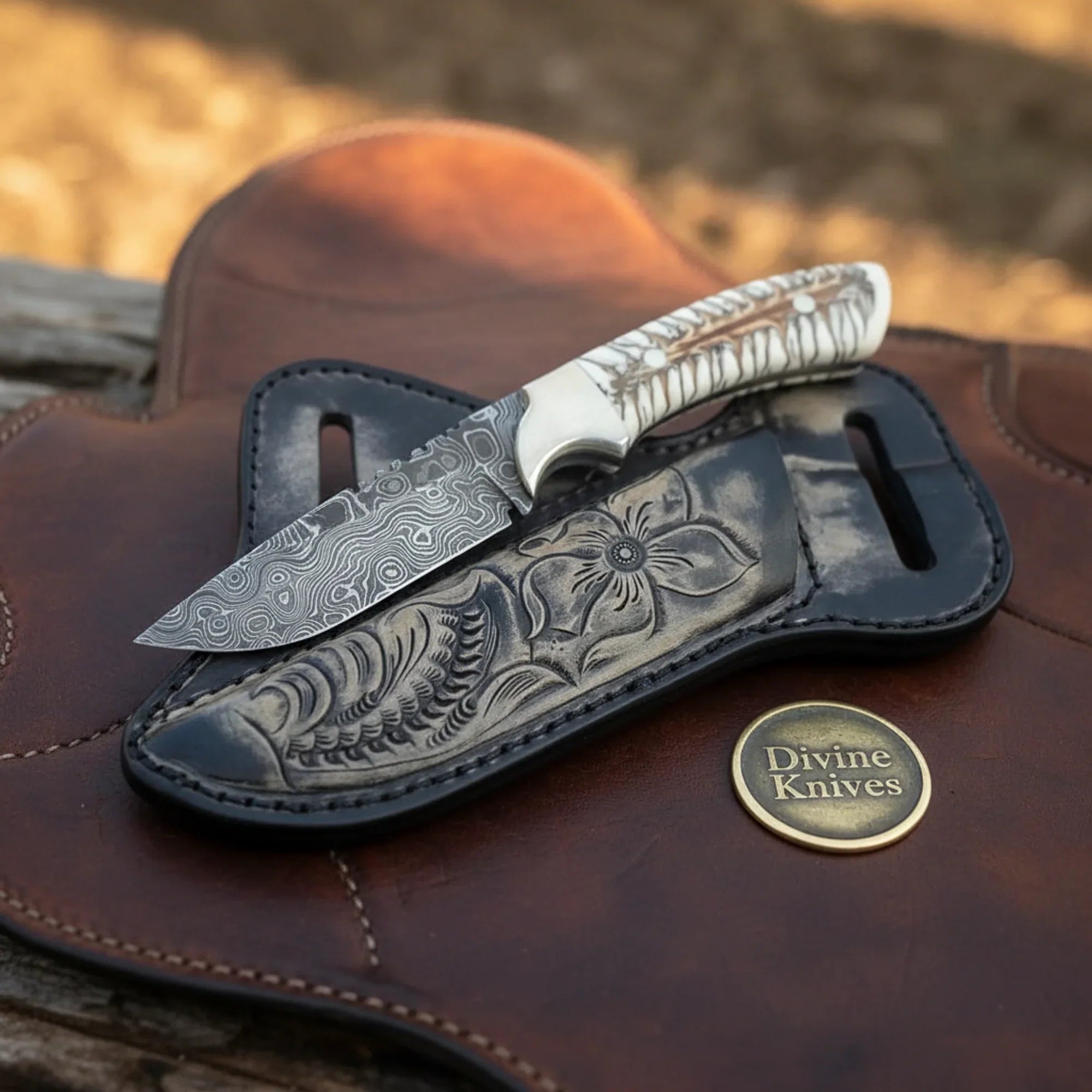 Pine Cone Resin Cowboy Knife with Damascus Blade &amp; Floral Sheath