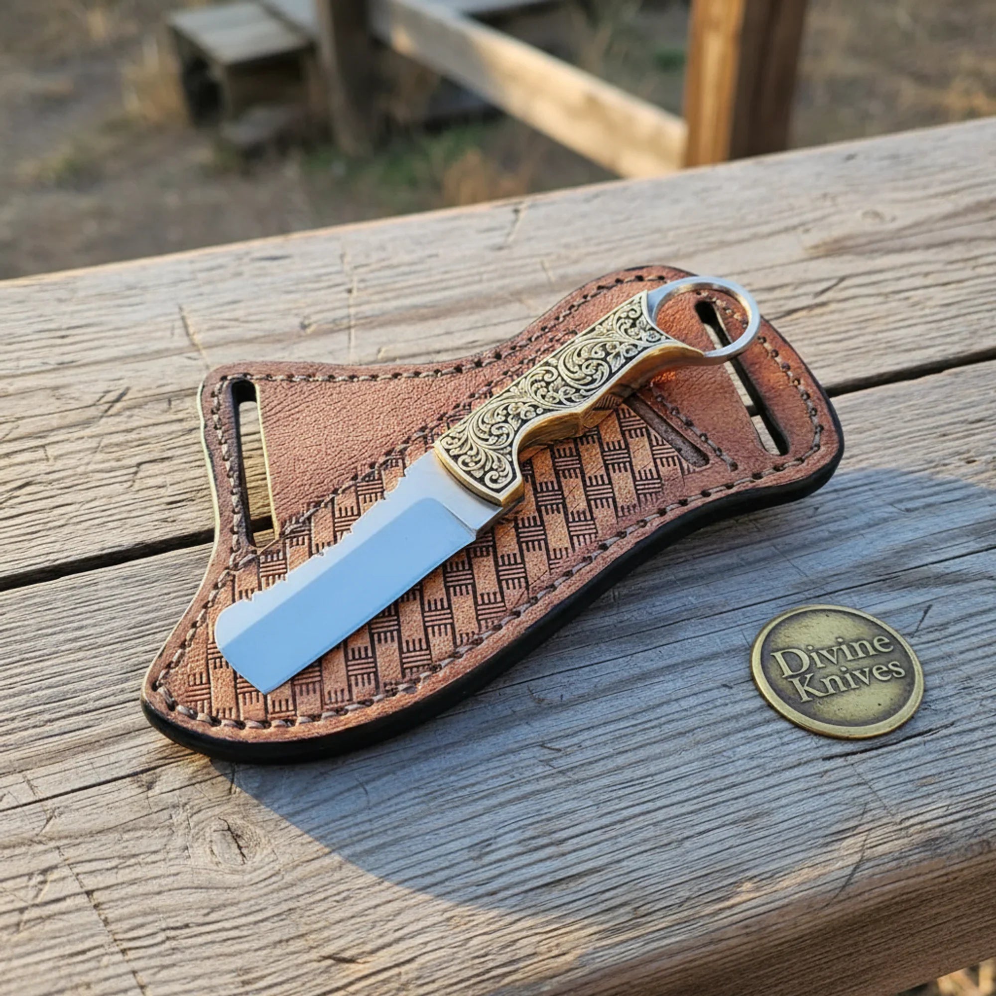 Bull Cutter Cowboy Knife with Brass Engraved Handle &amp; Choil Ring
