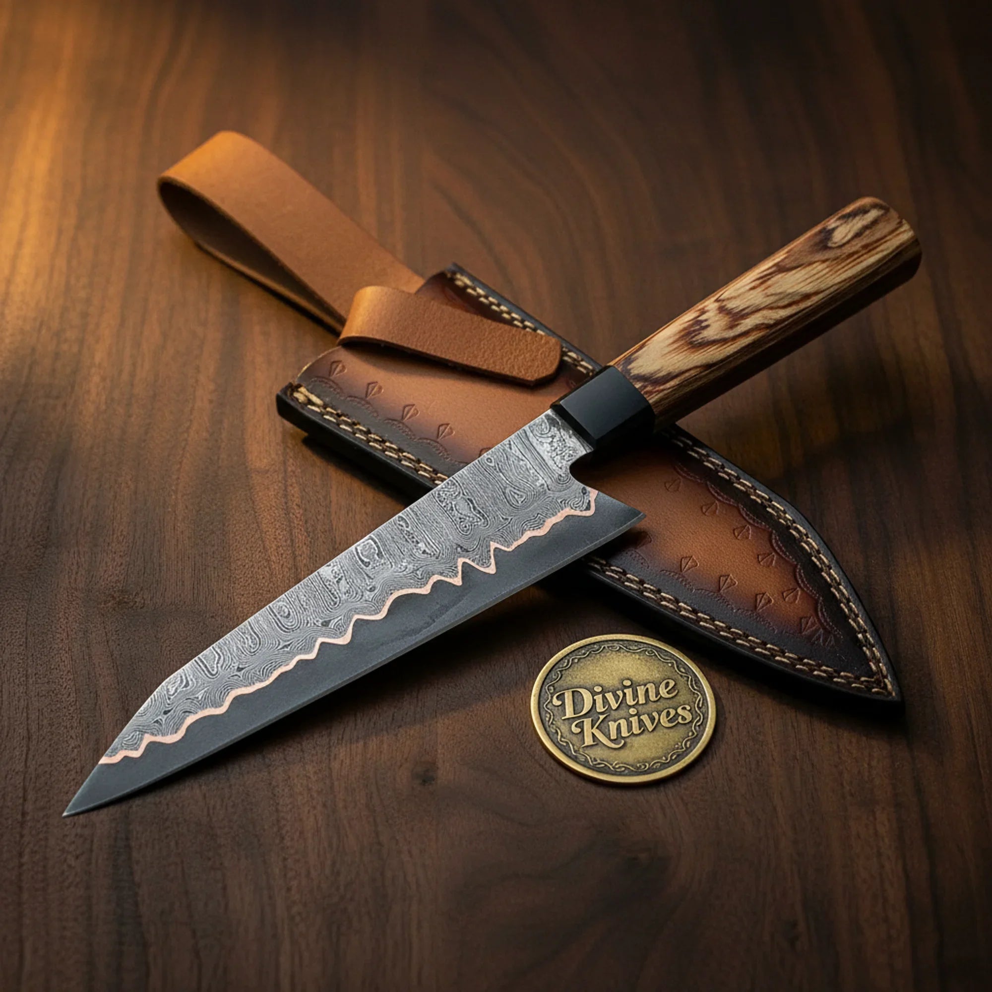Handcrafted Damascus Kiritsuke Knife with Olive Wood Handle