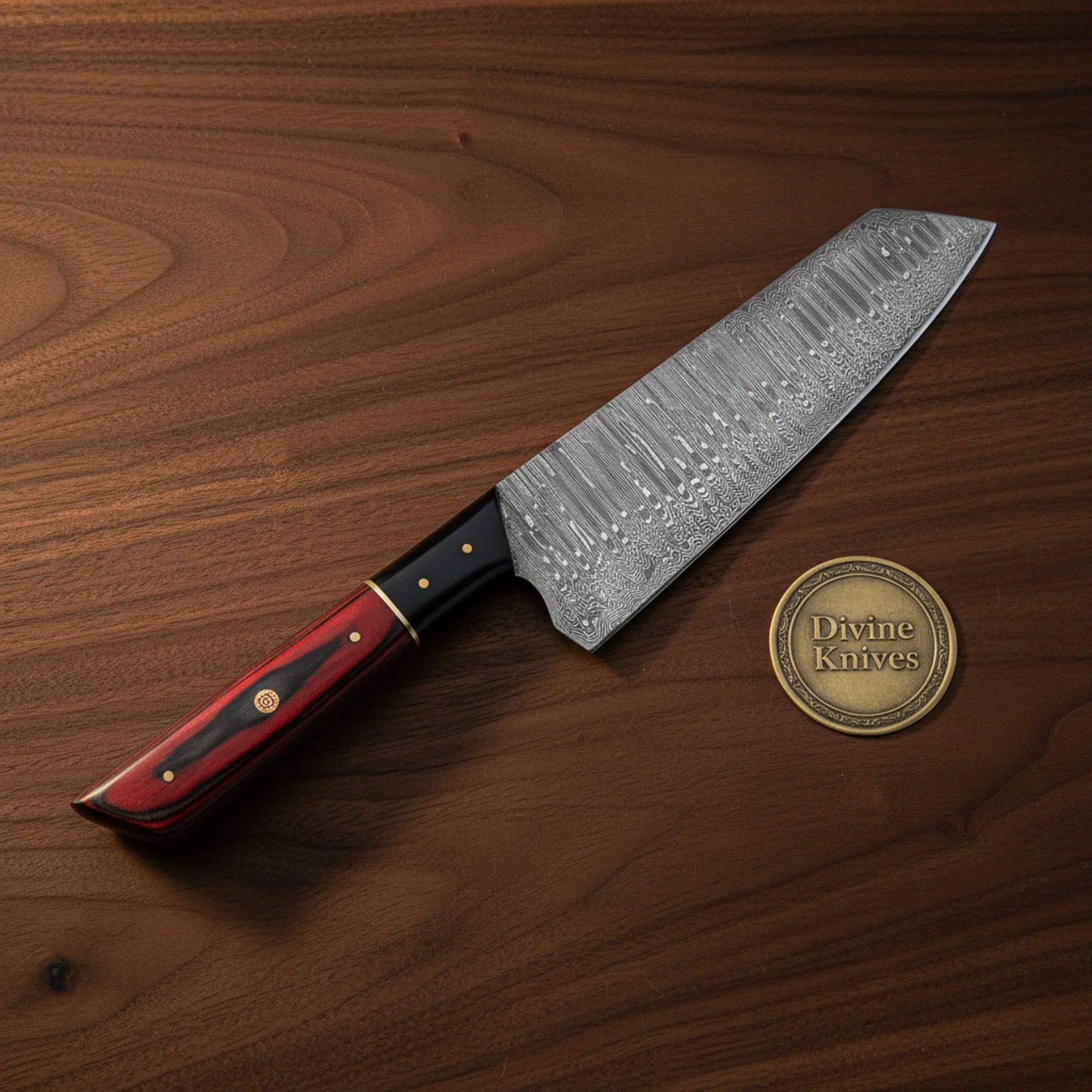 Blackened Damascus Kiritsuke Knife with Distinctive Copper Edge