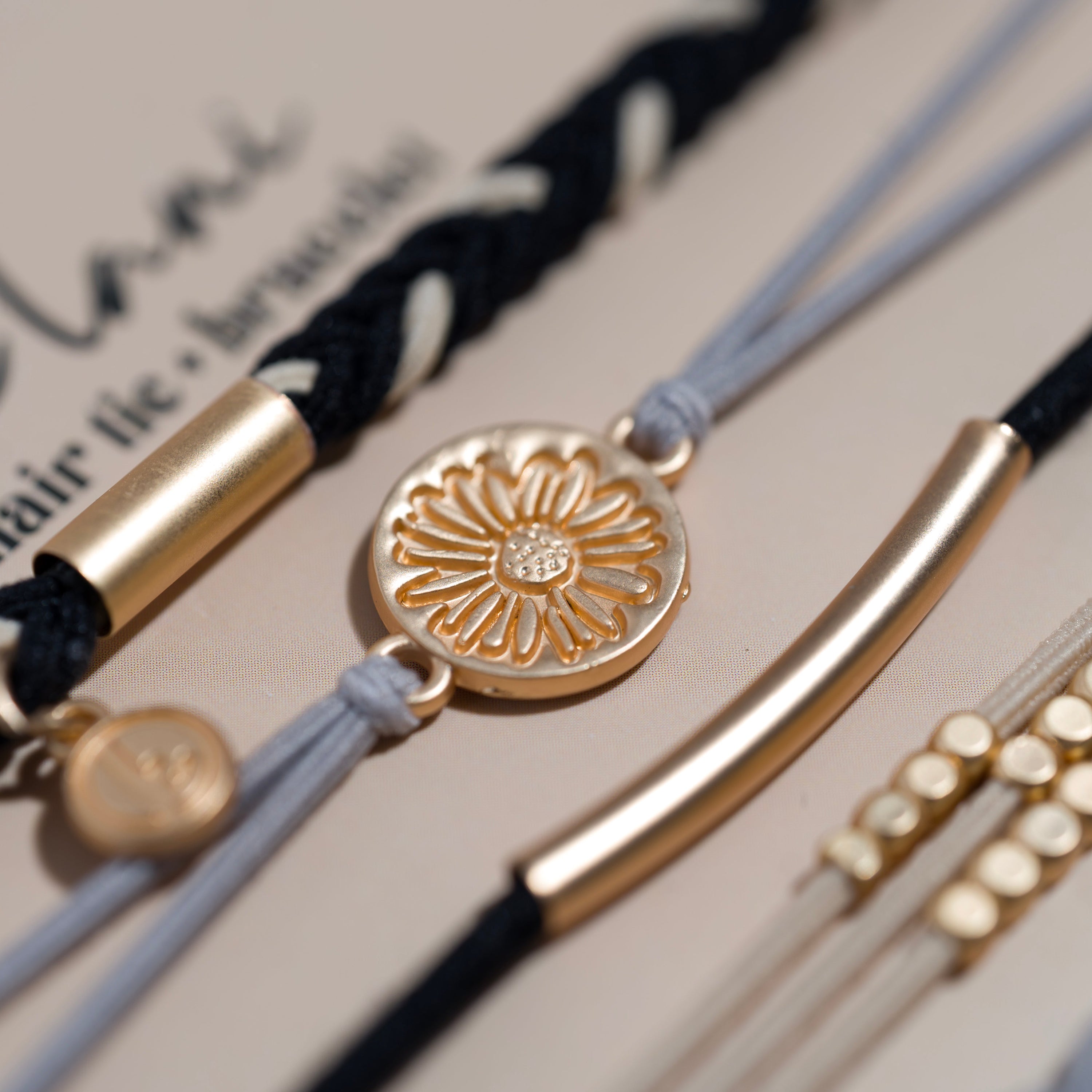 "Inspire" Grey &amp; Black with Gold Flower Accent Hair Tie Bracelets