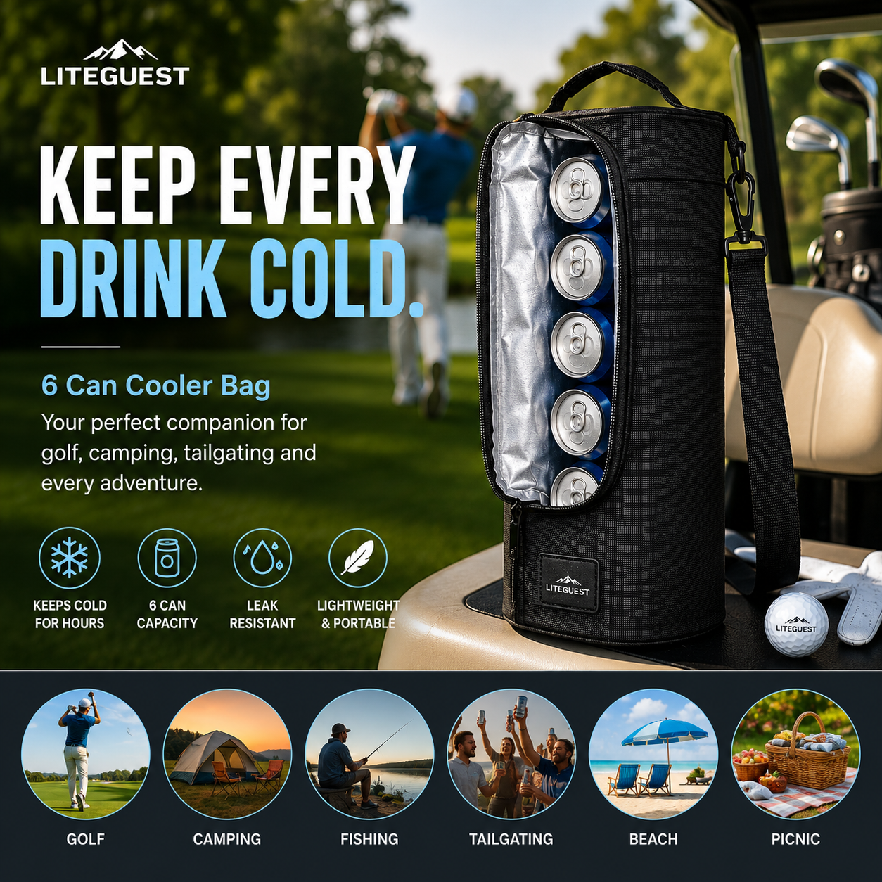 LITEGUEST 6 Can Cooler Bag – Portable Insulated Beverage Carrier