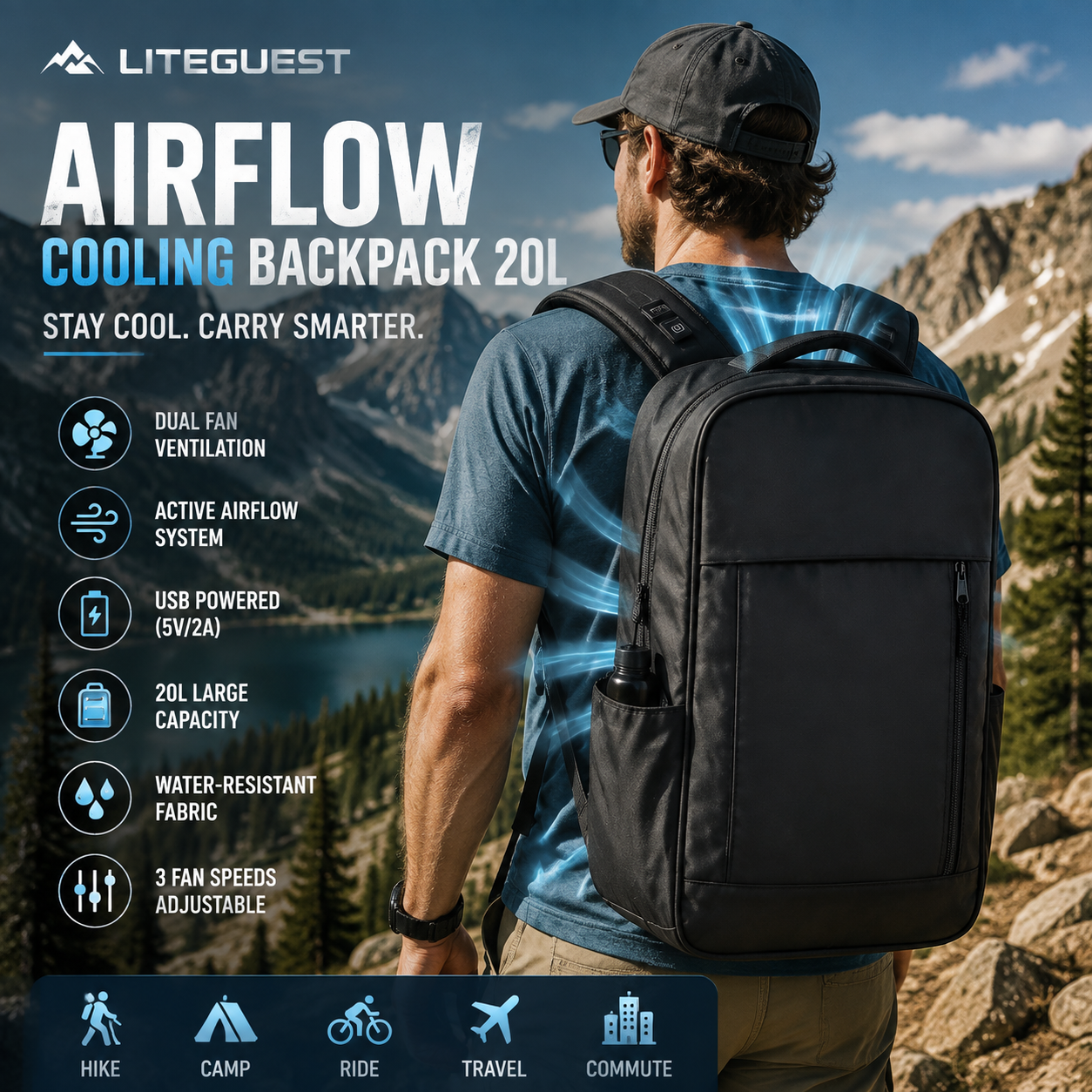 LITEGUEST AirFlow Cooling Backpack 20L | Dual Fan Ventilated Backpack
