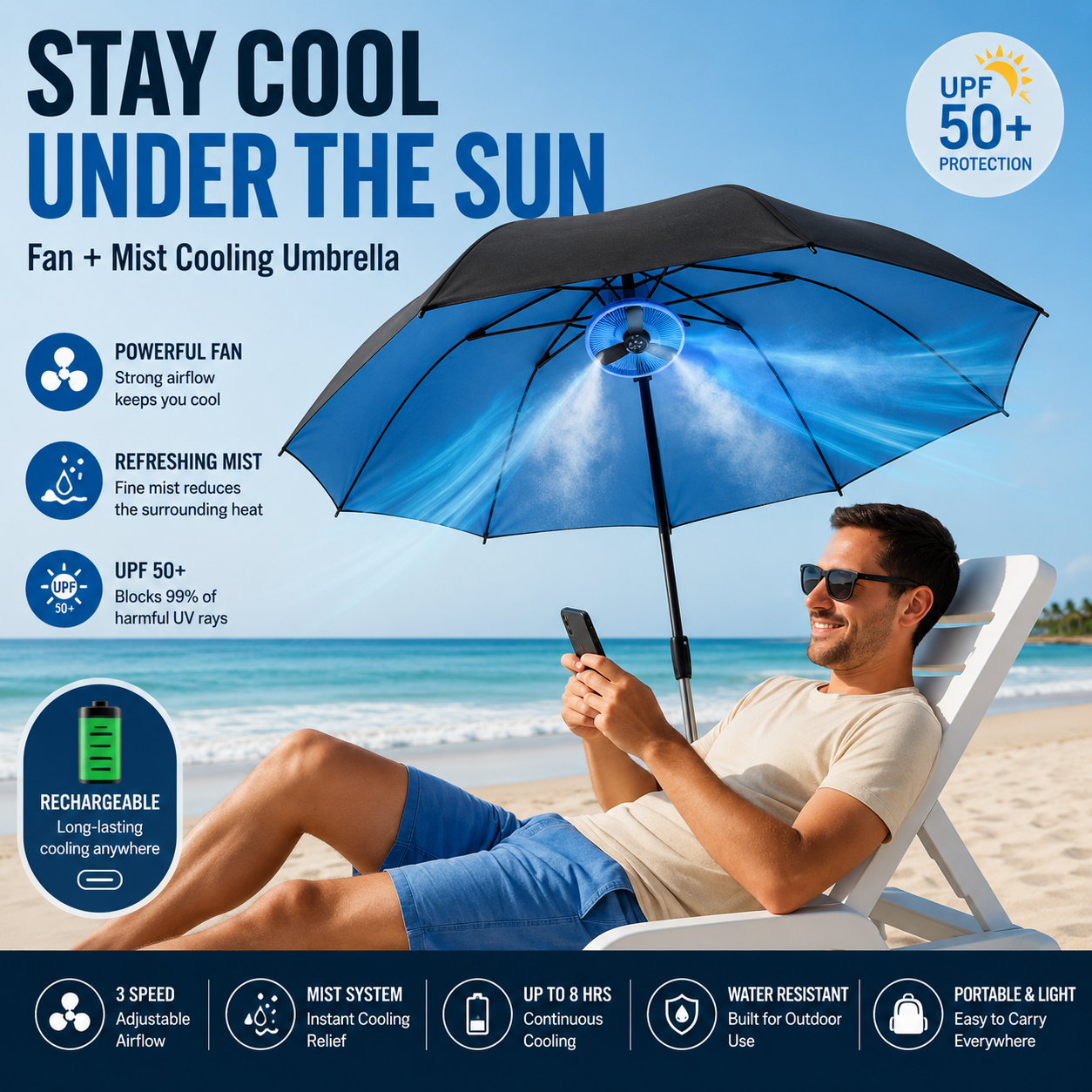 LITEGUEST Cooling Fan Umbrella | Mist Spray &amp; UPF50+ Protection