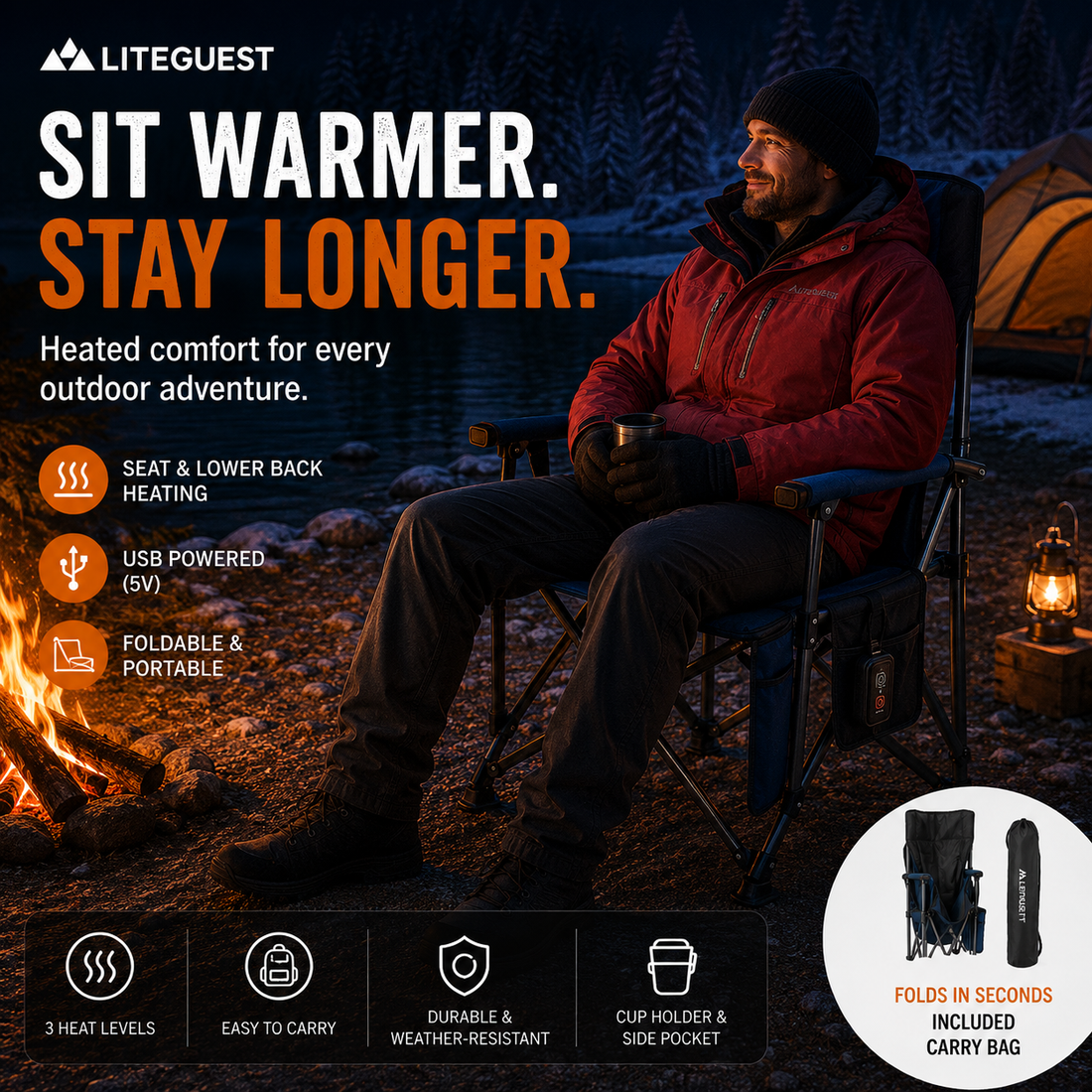 LITEGUEST Heated Camping Chair | USB Heated Folding Chair