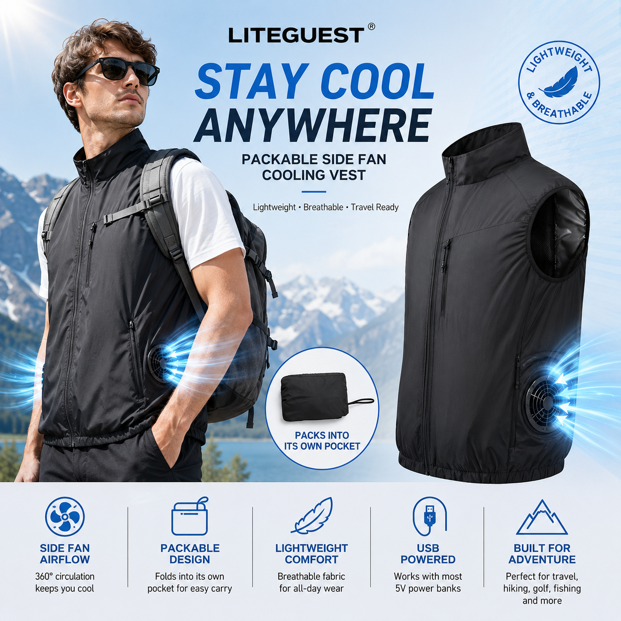 LITEGUEST Packable Side Fan Cooling Vest | Lightweight Travel Cooling