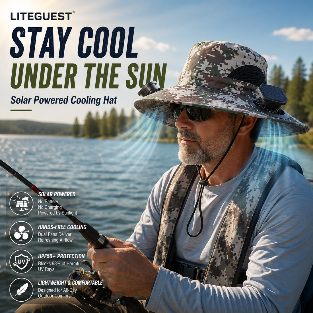LITEGUEST Solar Cooling Hat with Dual Fans &amp; UPF50+ Sun Protection