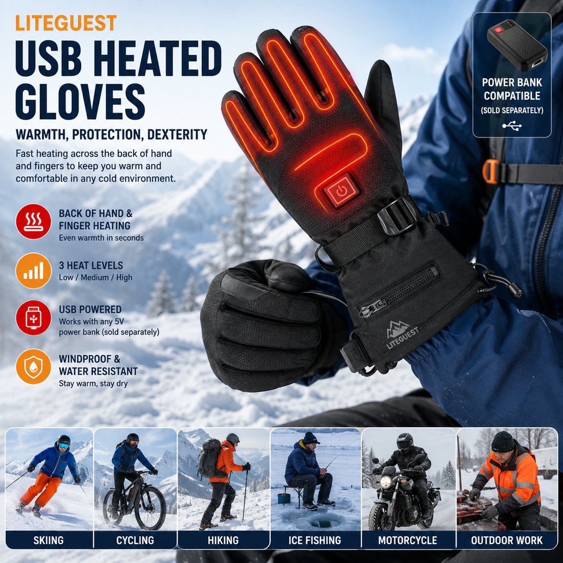 LITEGUEST USB Heated Gloves | Rechargeable Winter Heated Gloves
