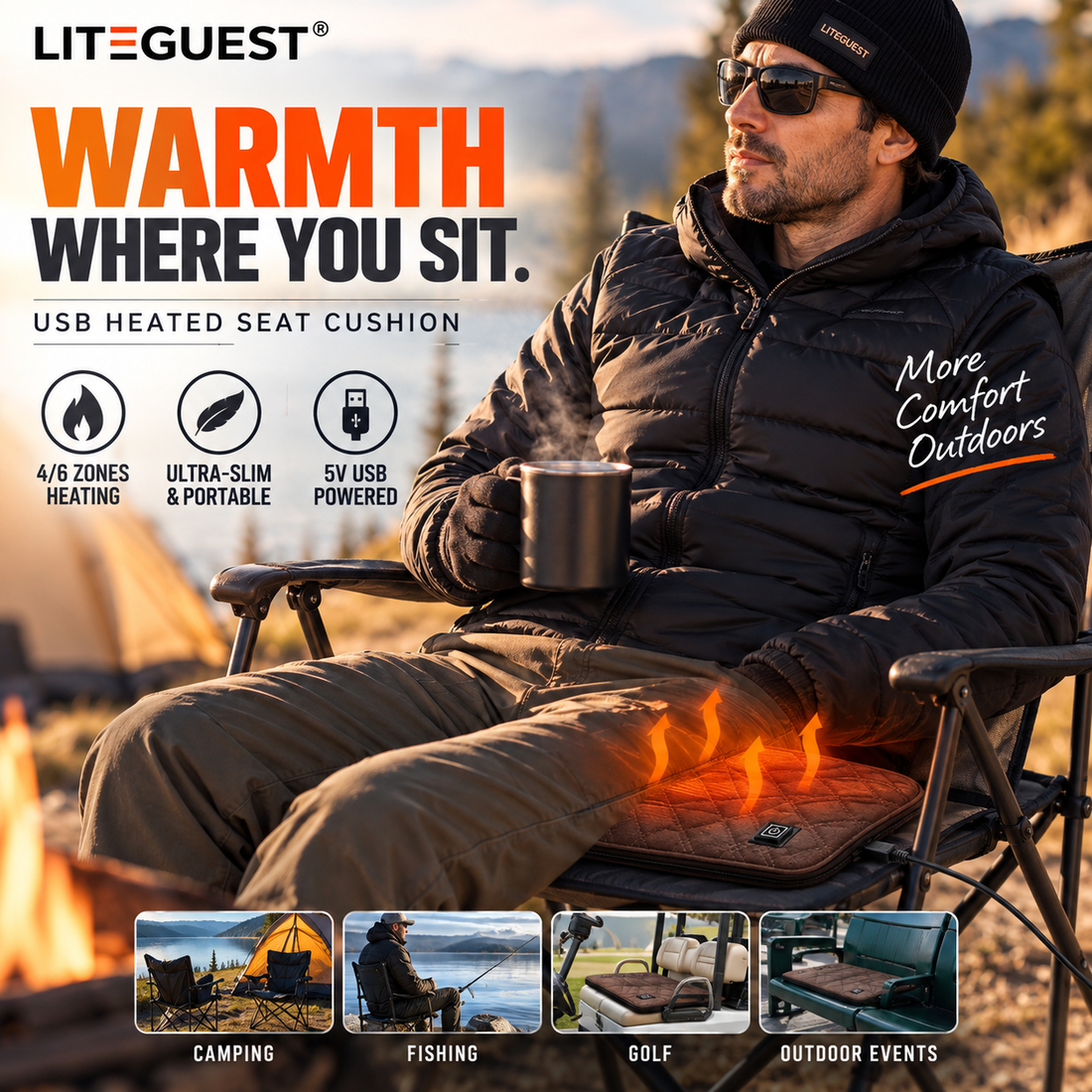 LITEGUEST Ultra Slim Heated Seat Cushion | USB Heated Seat Cushion