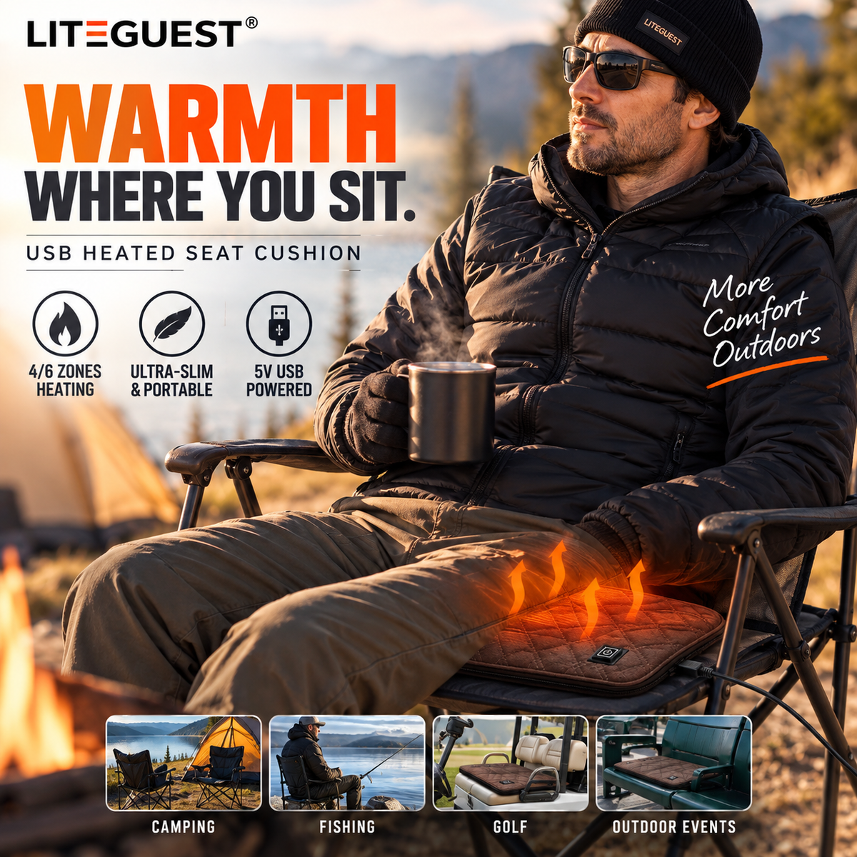 LITEGUEST Ultra Slim Heated Seat Cushion | USB Heated Seat Cushion