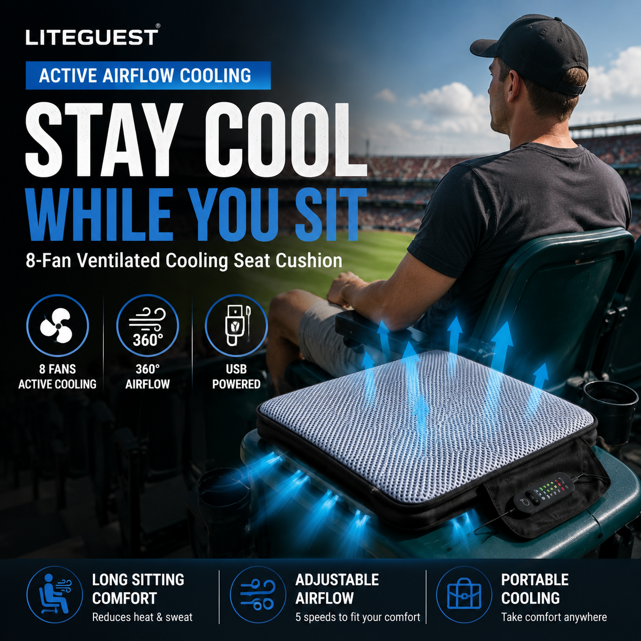 LITEGUEST Ventilated Cooling Seat Cushion | Outdoor USB Airflow Comfort