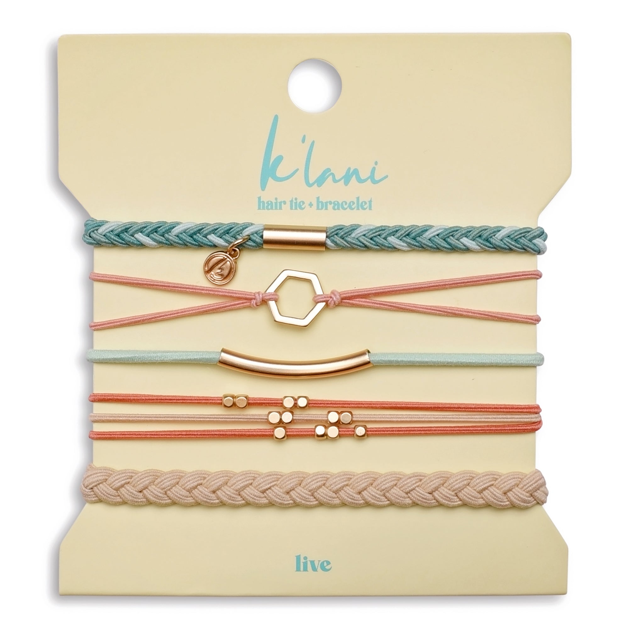 "Live" Teal &amp; Coral with Gold Accent Hair Tie Bracelets