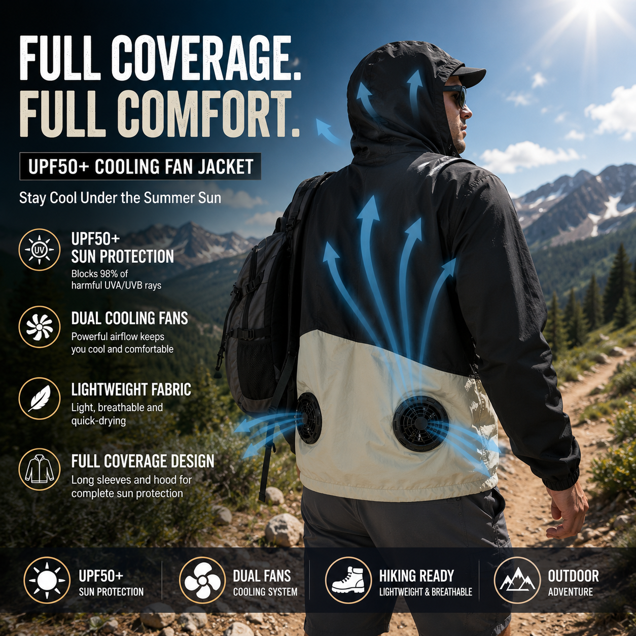 Liteguest UPF50+ Cooling Fan Jacket for Fishing, Hiking &amp; Work