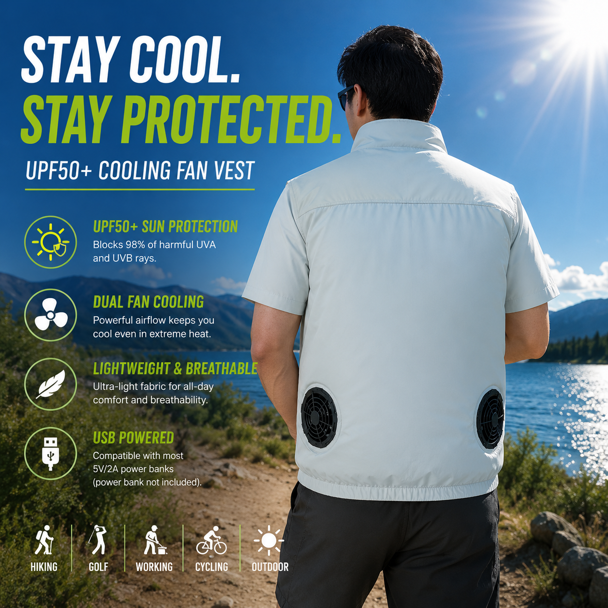 Liteguest UPF50+ Cooling Fan Vest for Hiking, Golf &amp; Outdoor Work