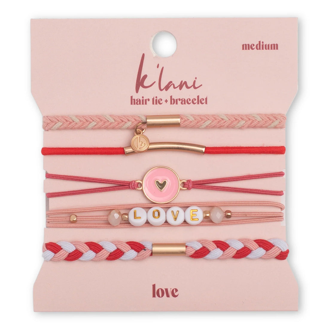 "Love" Pink &amp; Red with Hearts Hair Tie Bracelets