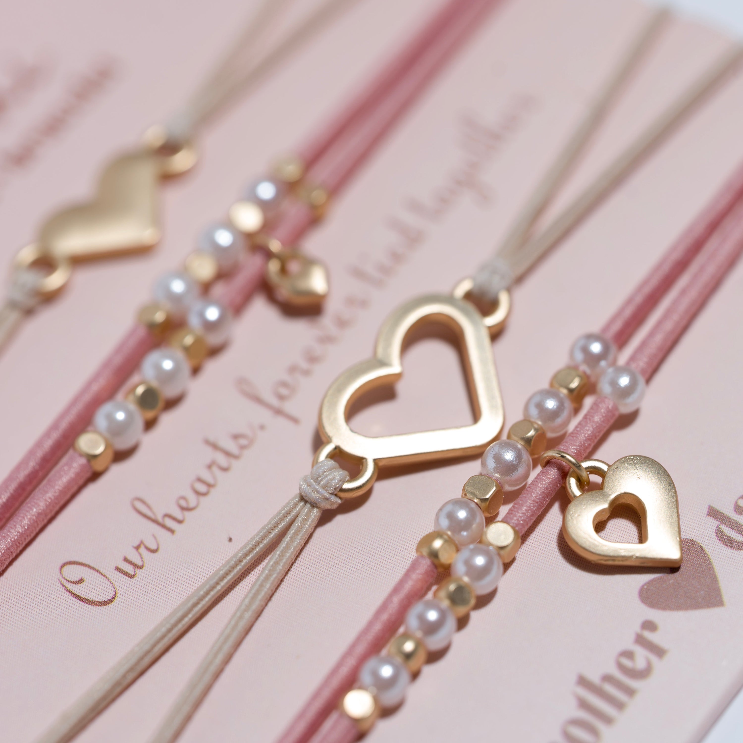 "Mother / Daughter" Pink with Pearls &amp; Gold Hearts Shareable Hair Tie Bracelets