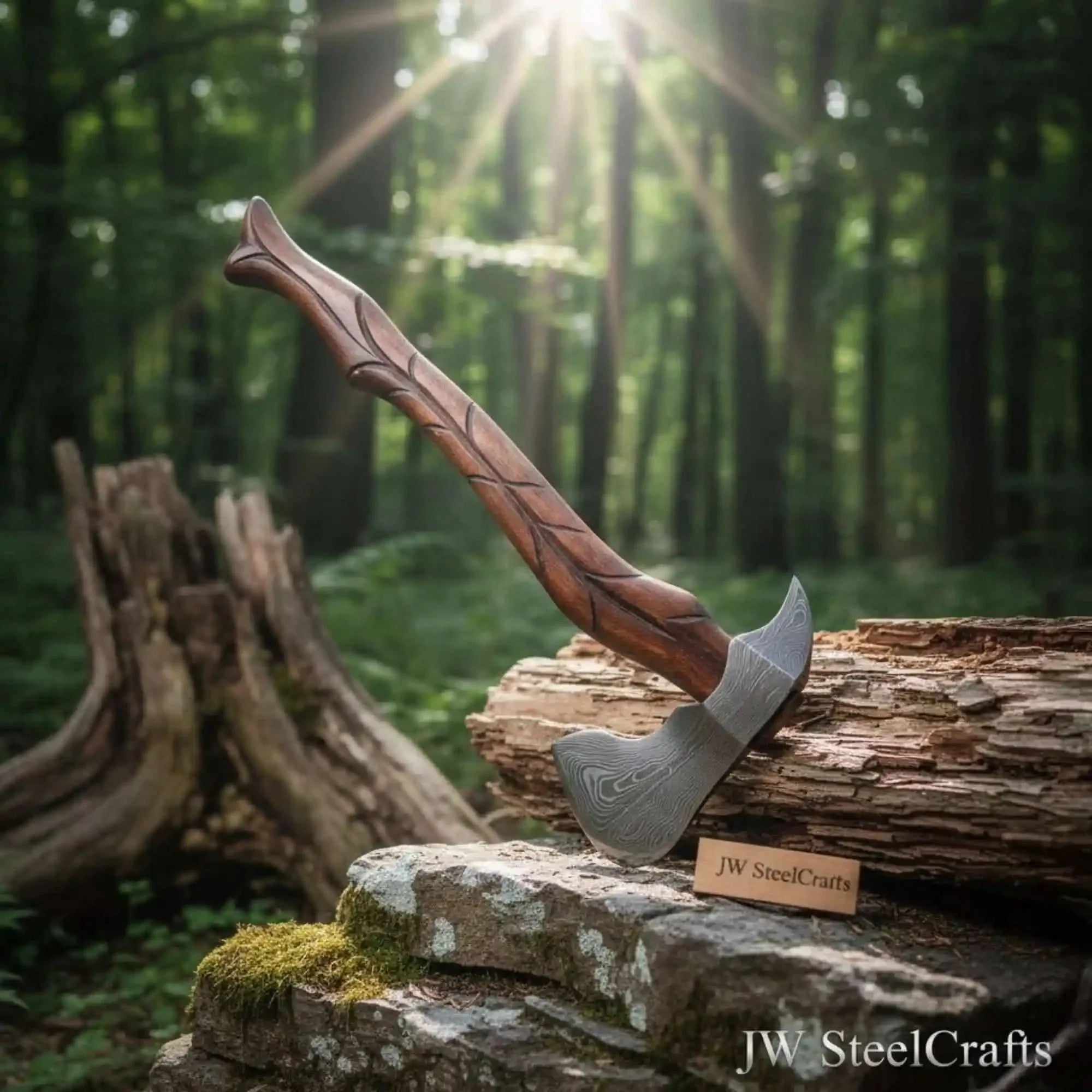 Hand-Forged Damascus Viking Axe – Carved Hardwood Handle | Bushcraft, Camping &amp; Display Collectible