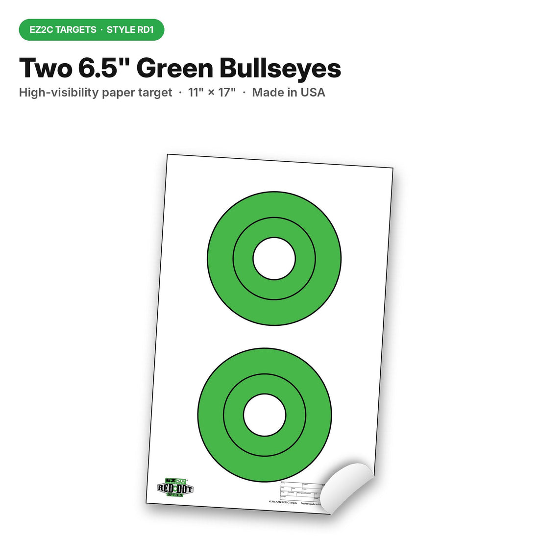 EZ2C Targets RD1: Two 6.5" Bullseyes Shooting Paper Targets 11"x17" Pad of 25 USA MADE