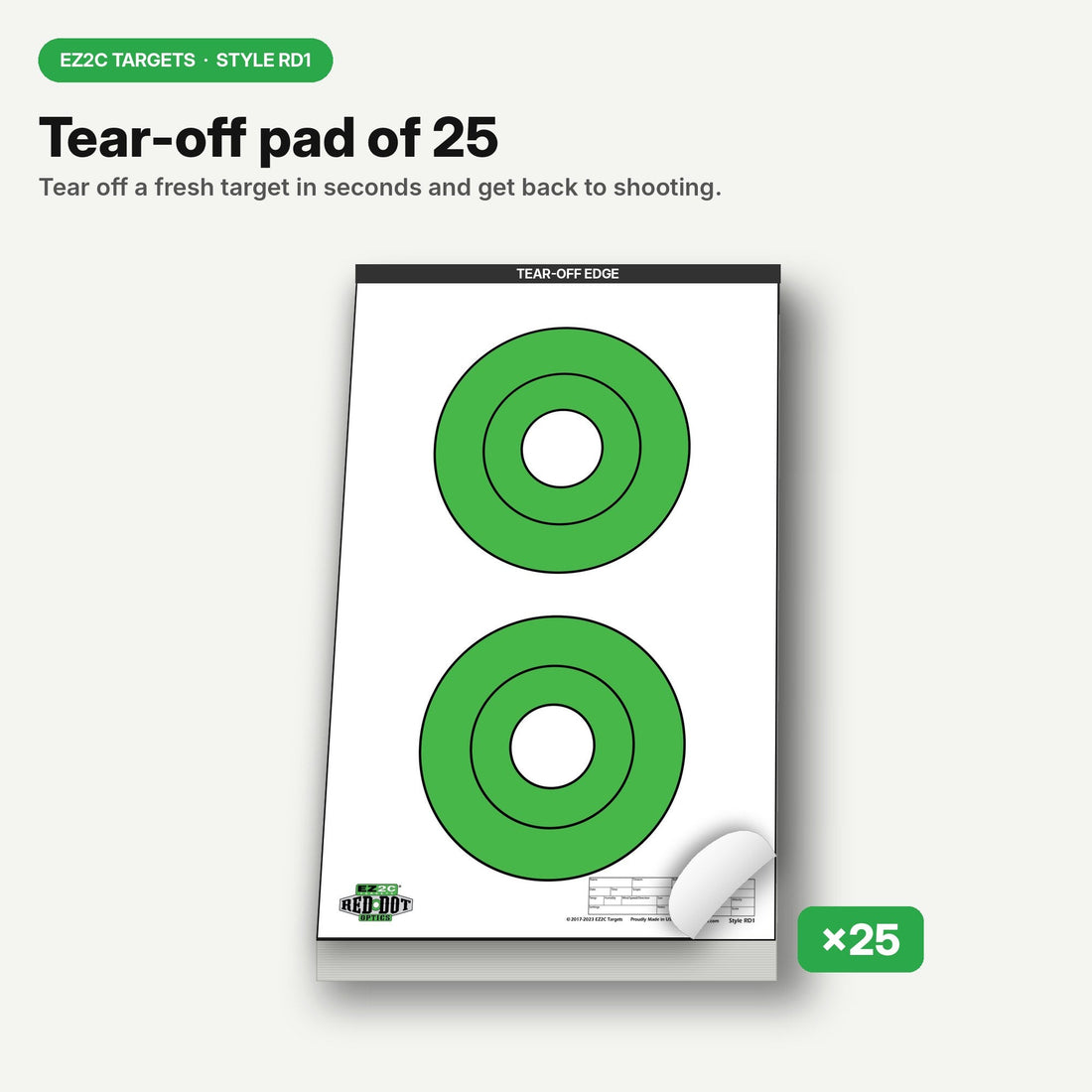 EZ2C Targets RD1: Two 6.5" Bullseyes Shooting Paper Targets 11"x17" Pad of 25 USA MADE