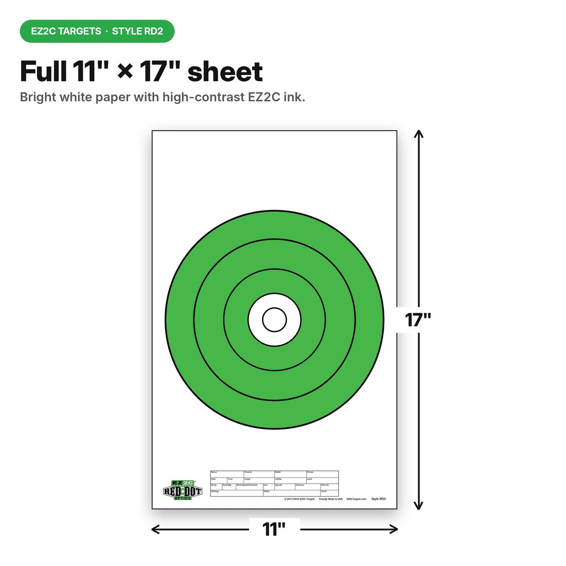 EZ2C Targets RD2: USA Made 10" Bullseye Pad of 25 Shooting Paper Targets 11"x17"