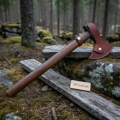 Hand Forged Damascus Steel Viking Axe – True Layered Bearded Axe with Hardwood Handle &amp; Leather Sheath | JW SteelCrafts