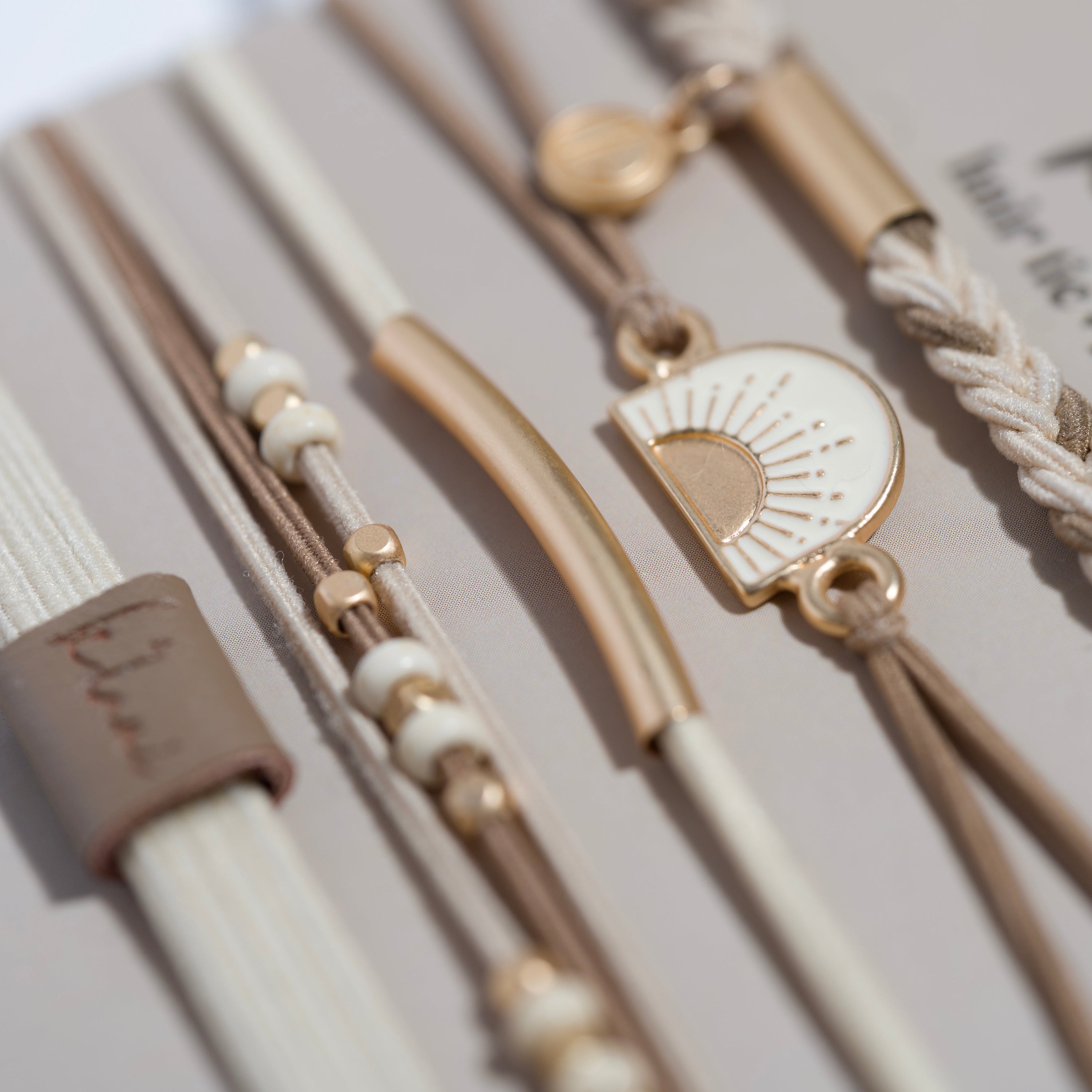 "Rise" Cream and Tan With Gold &amp; Sun Accents Hair Tie Bracelets