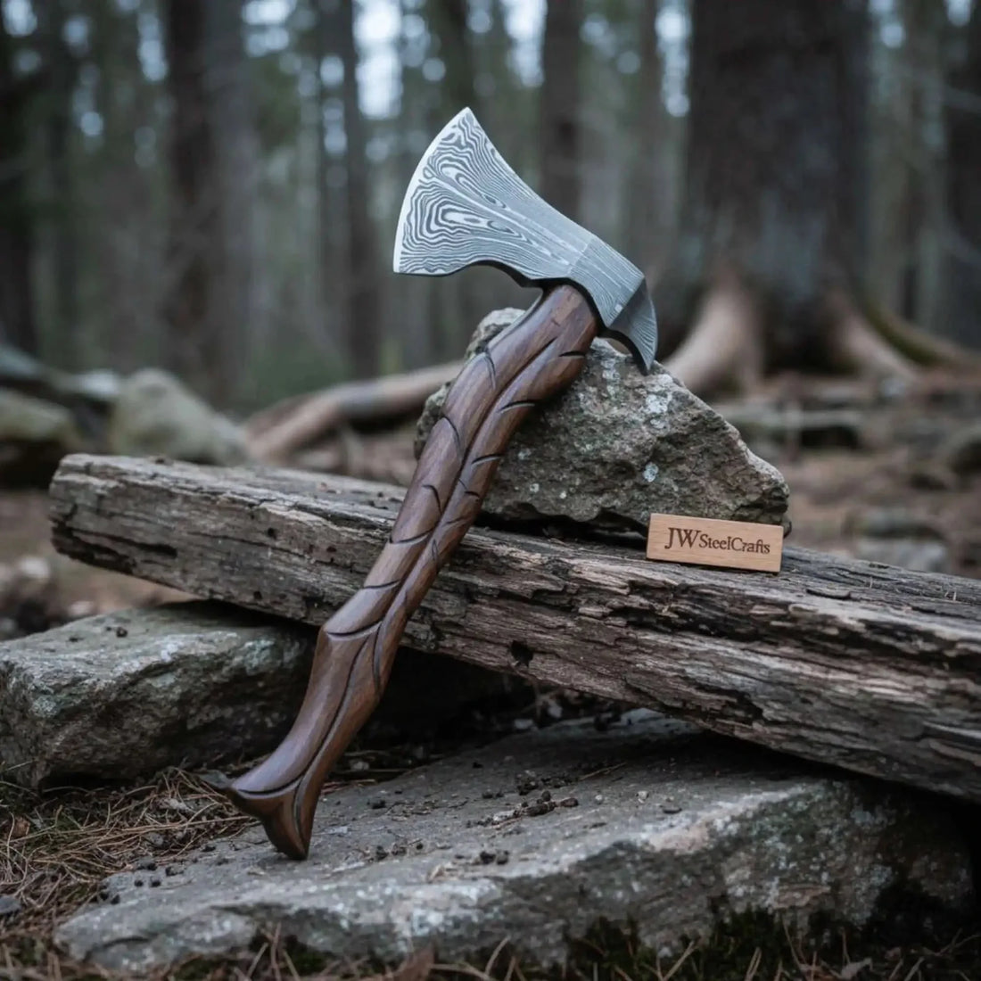 Hand-Forged Damascus Viking Axe – Carved Hardwood Handle | Bushcraft, Camping &amp; Display Collectible