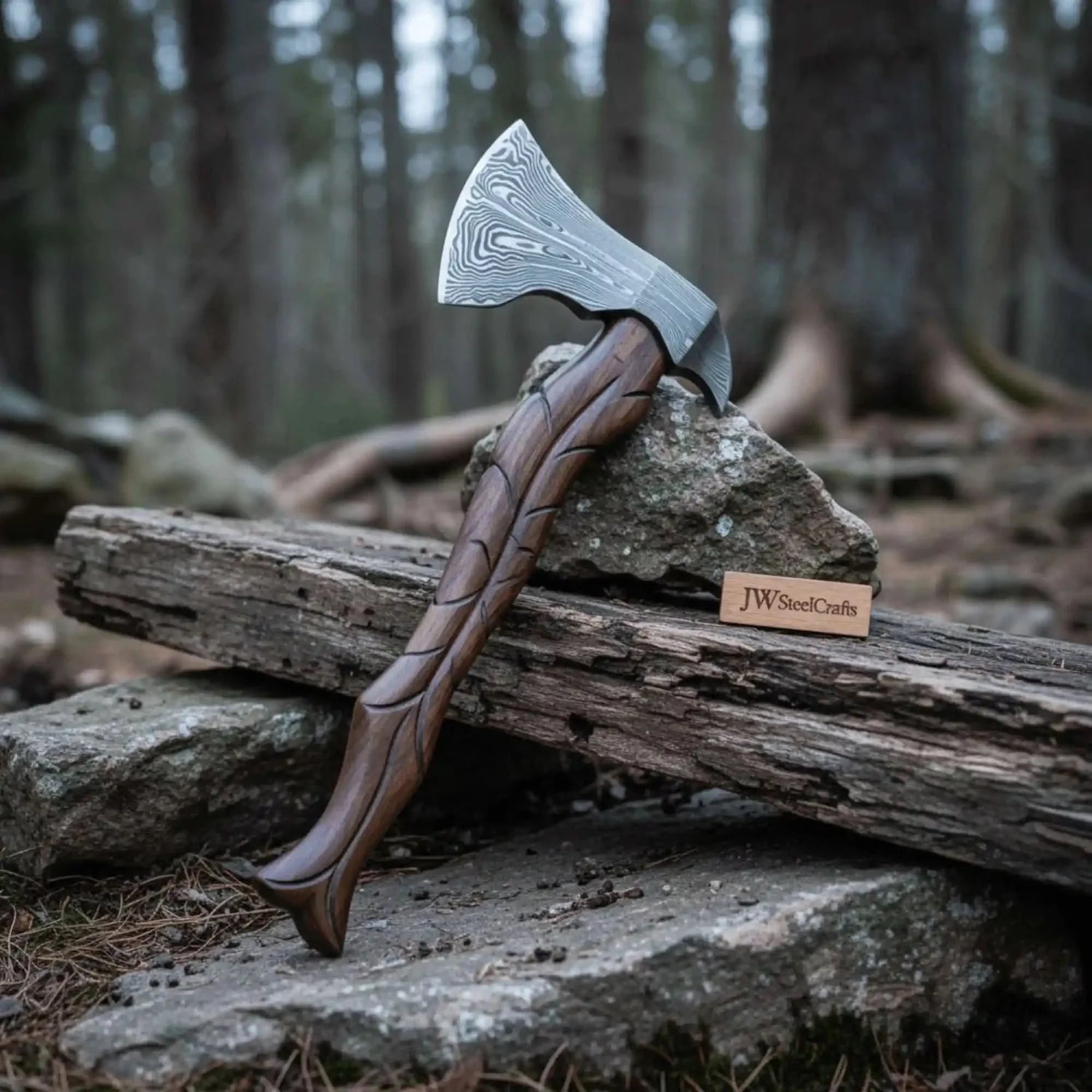 Hand-Forged Damascus Viking Axe – Carved Hardwood Handle | Bushcraft, Camping &amp; Display Collectible