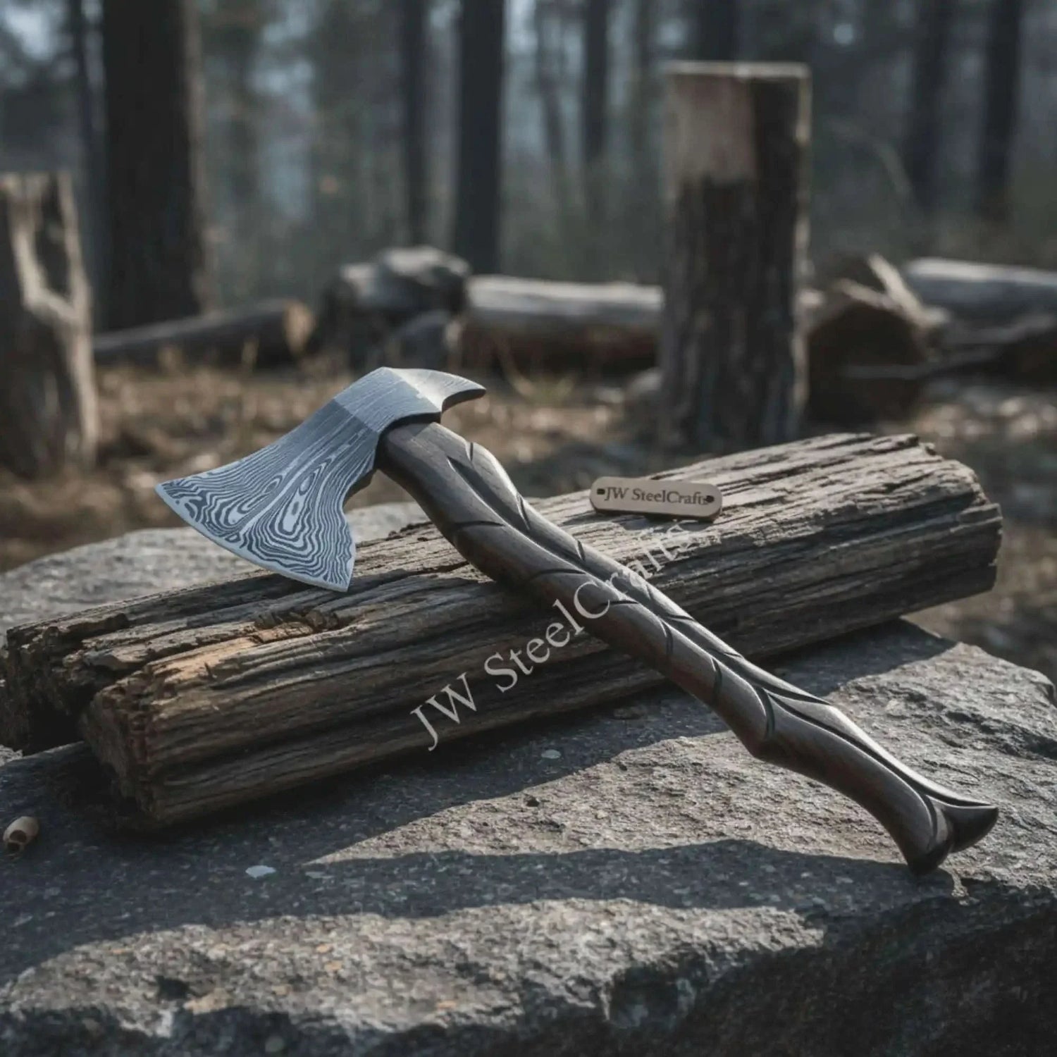 Hand-Forged Damascus Viking Axe – Carved Hardwood Handle | Bushcraft, Camping &amp; Display Collectible