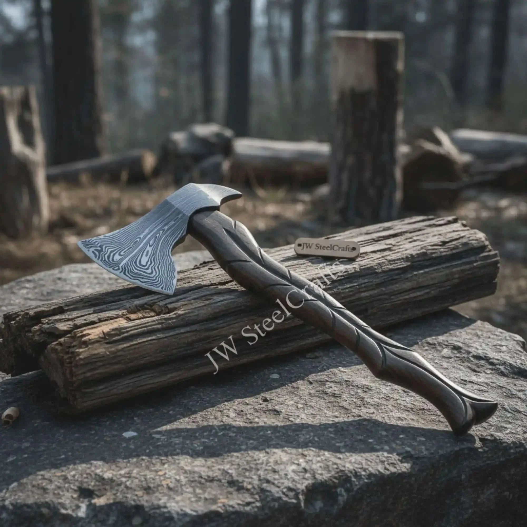 Hand-Forged Damascus Viking Axe – Carved Hardwood Handle | Bushcraft, Camping &amp; Display Collectible