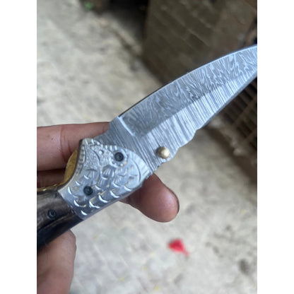 Blackwaist Damascus Folder Knife 7" Handmade Micarta Handle Liner Lock