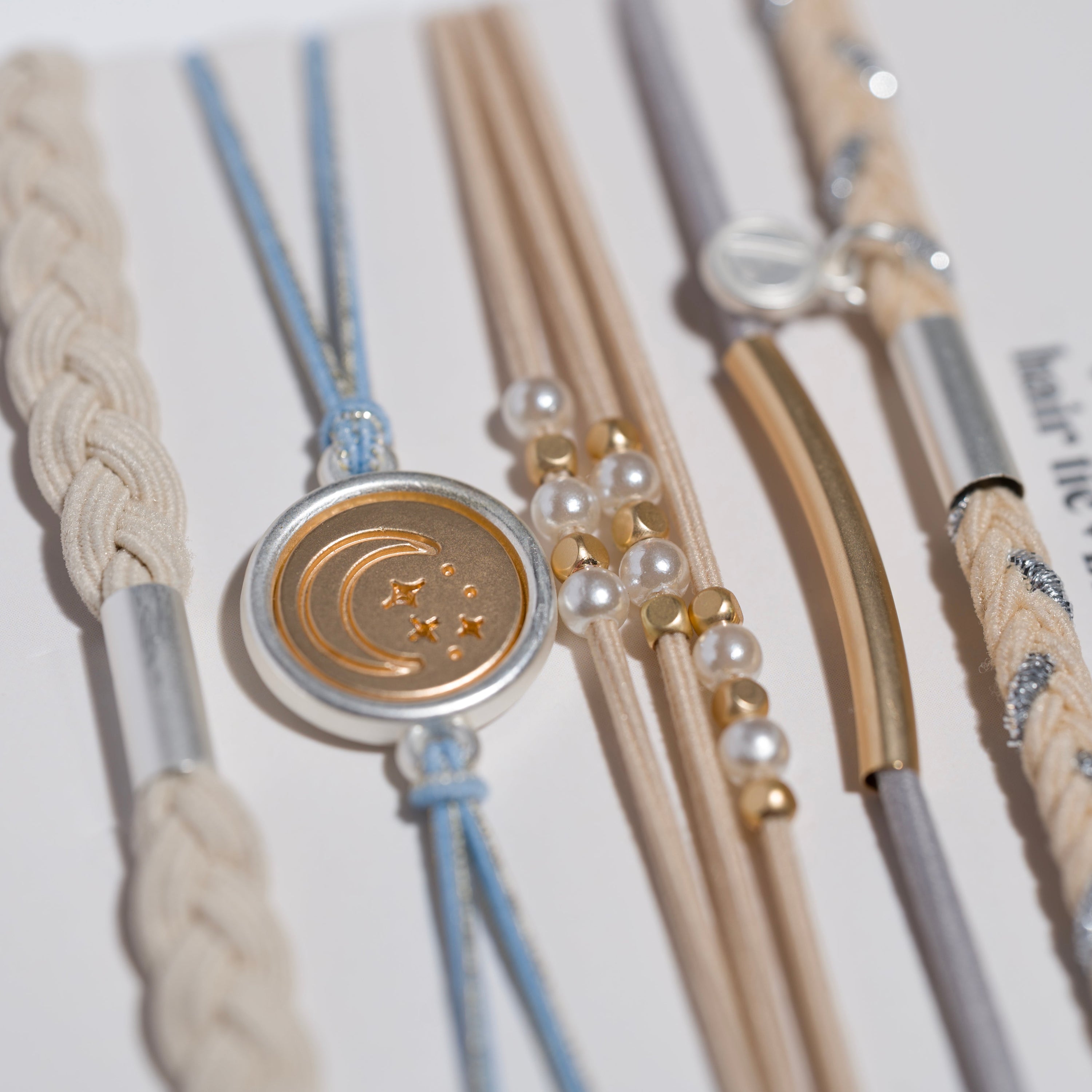 "Wonder" Soft Creams &amp; Blues with Pearls &amp; Gold Hair Tie Bracelets