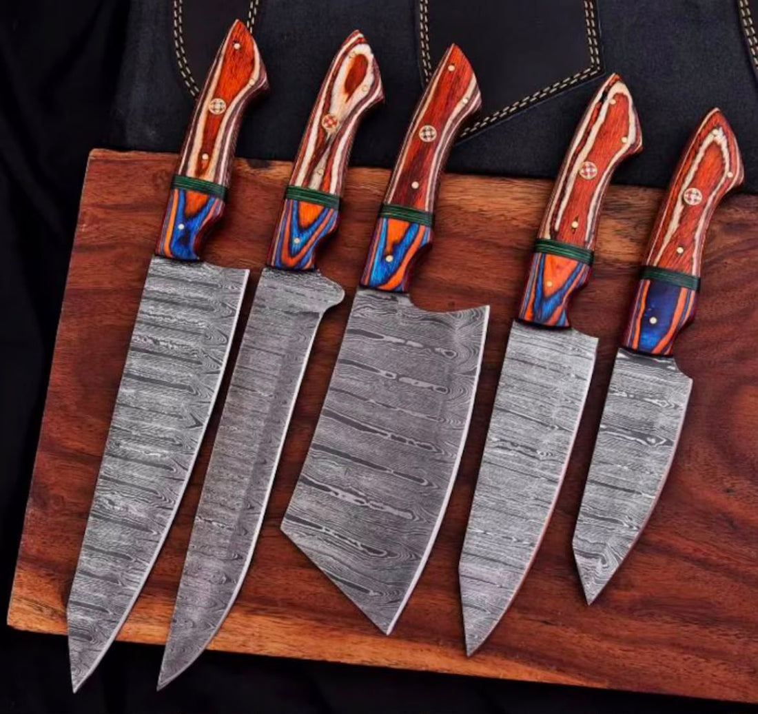Crimson Vortex Chef Knife Set with 5 Forged Damascus Blades