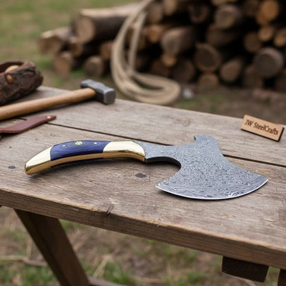 Damascus Steel Bushcraft Axe with Hardwood Handle &amp; Leather Sheath