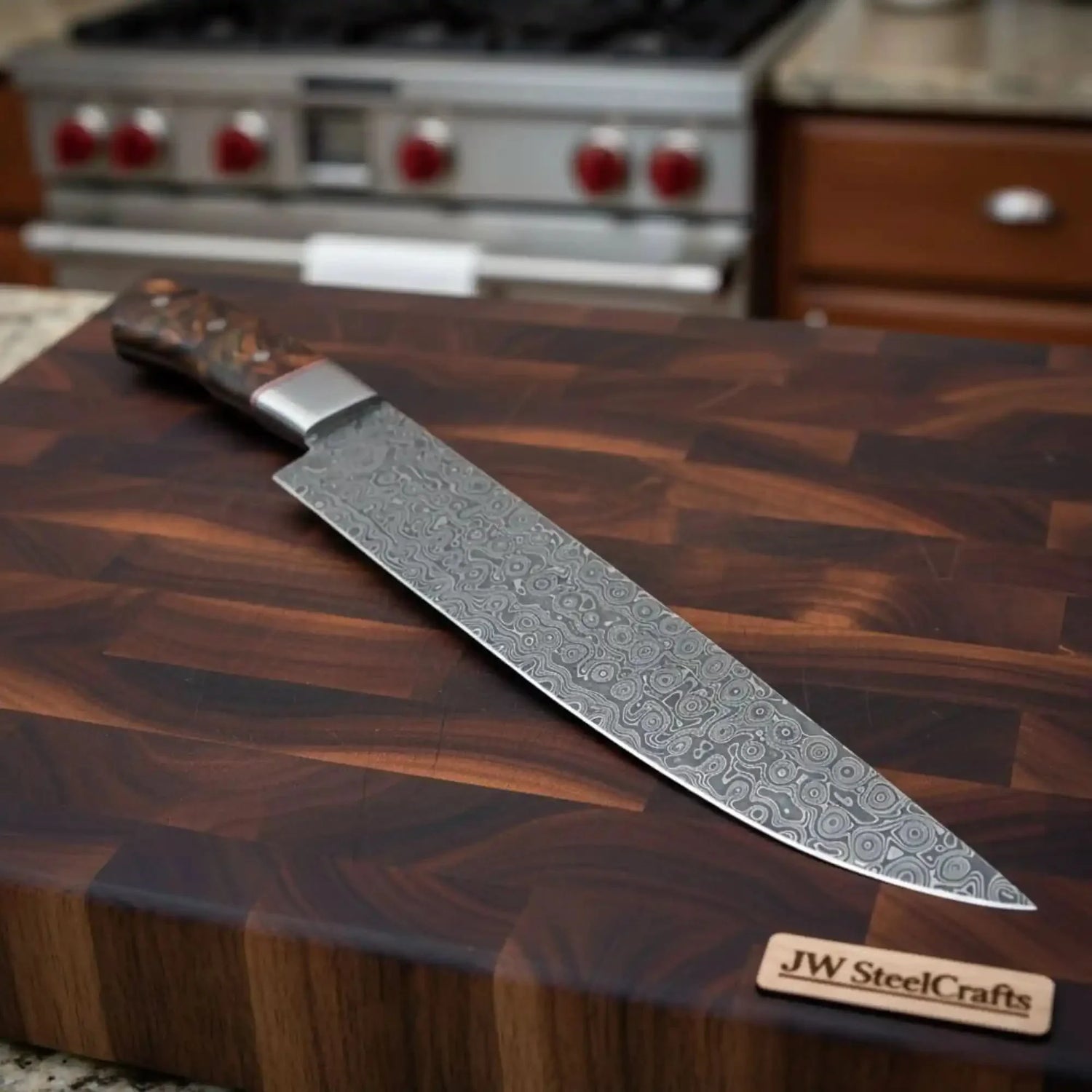 9 Inch Raindrop Damascus Chef Knife — Full Tang Forged Blade with Stabilized Wood Handle &amp; Steel Bolster