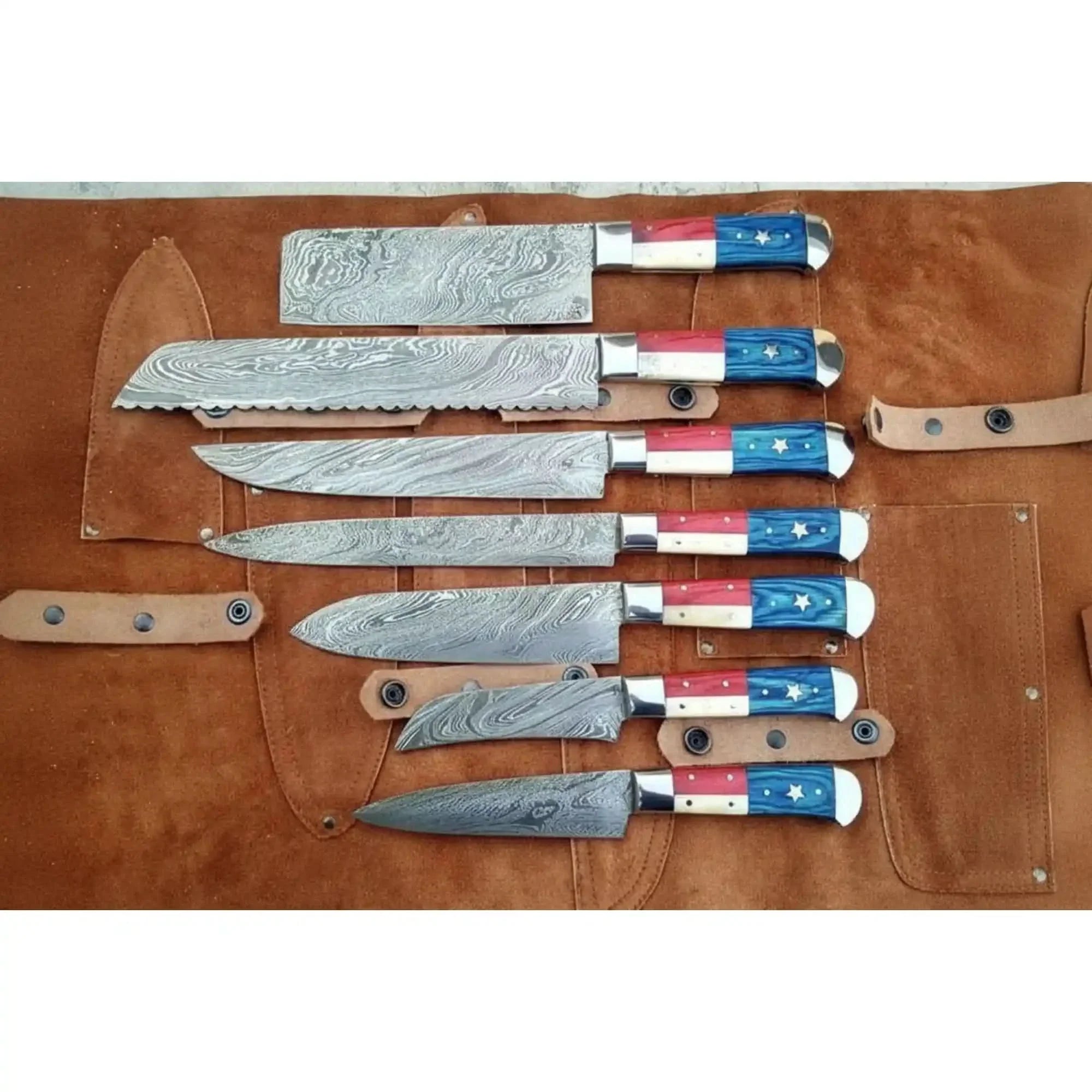 8-Piece Texas Flag Damascus Knife Set with Cleaver, Bread Knife &amp; More, 8 to 13 Inch Blades | JW Steel Crafts