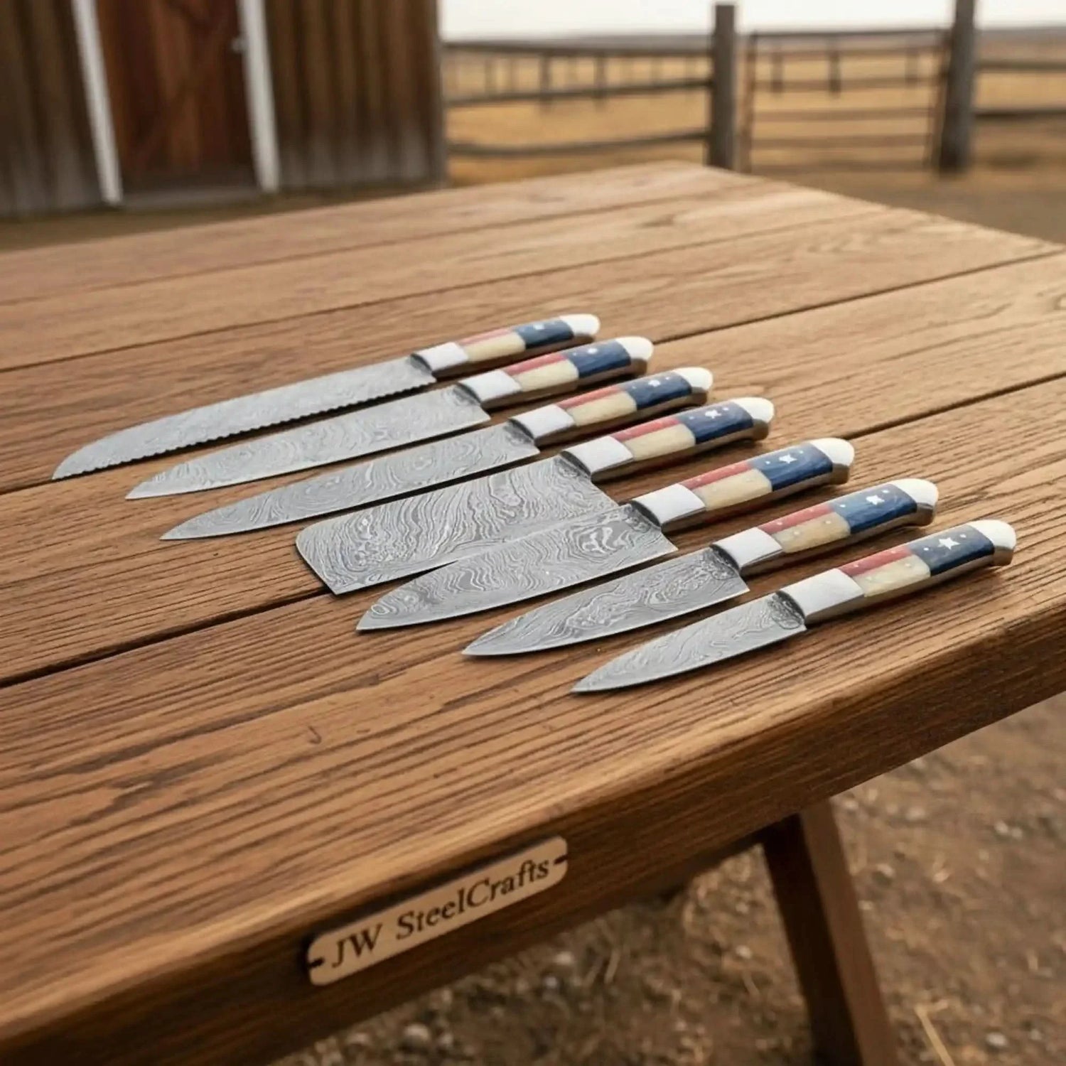 Handmade Damascus Mixed Chef Knife Set (Bread, Chef, Santoku &amp; Utility) – Texas Flag Handles, Full Tang