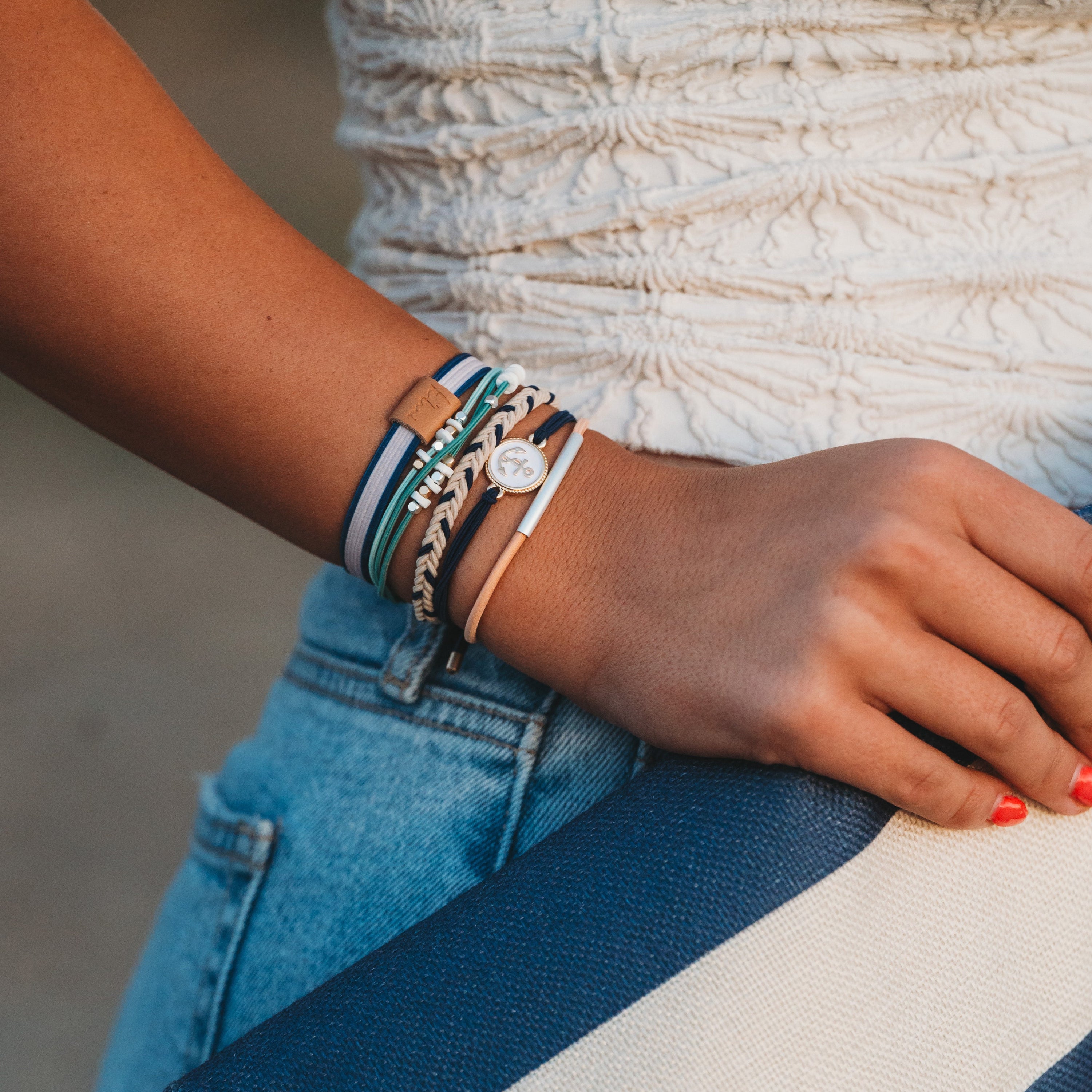 "Anchor" Nautical Colors with Anchor Charm Hair Tie Bracelets