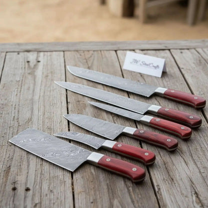 JW SteelCrafts 7 Piece Damascus Kitchen Knife Set, Paring Utility Santoku Chef Carving Bread Knife and Vegetable Cleaver, Handmade Damascus Steel Knife Set Red Wood Handle