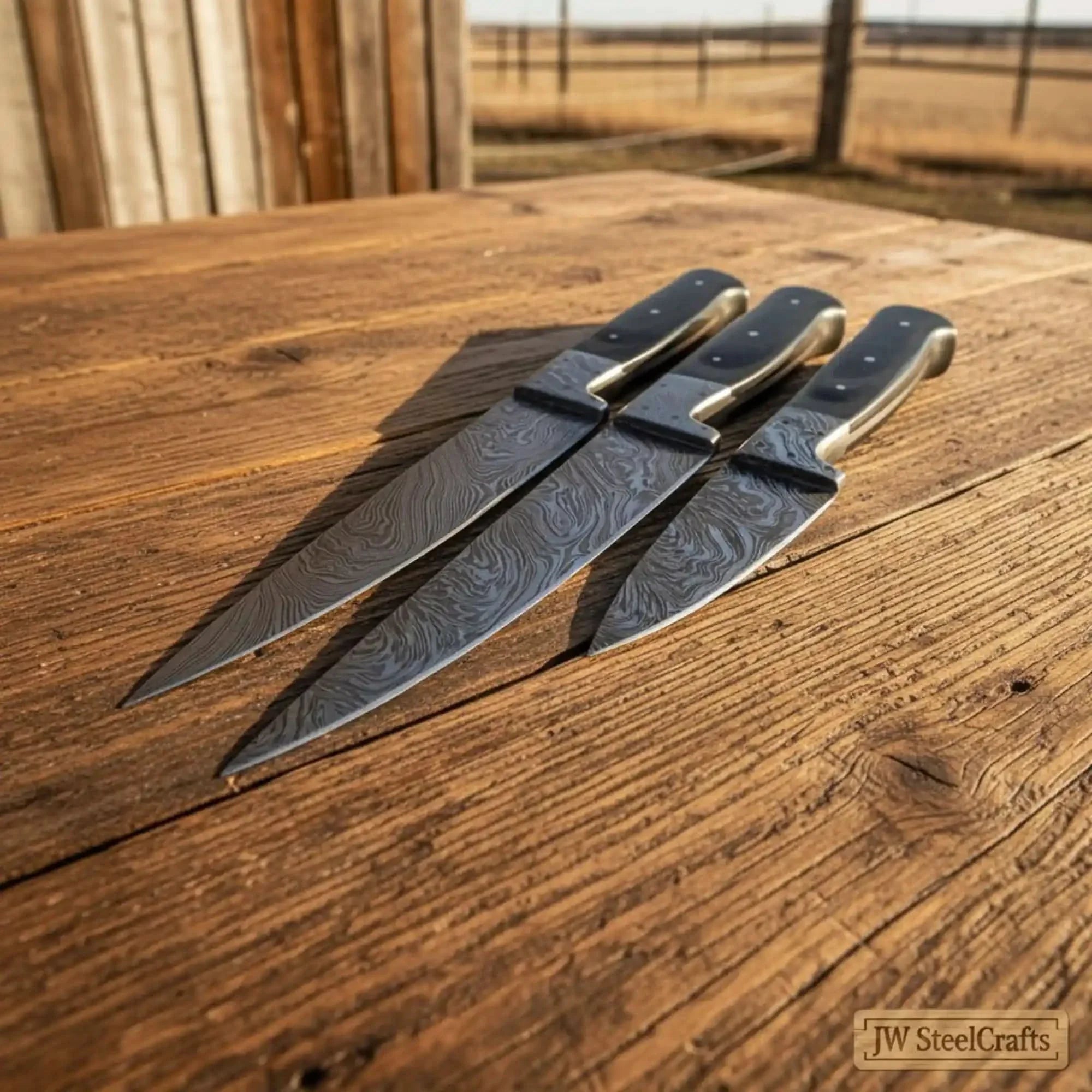 3 pcs Handmade Damascus Chef Knife Set, Professional Grade Black Micarta Handle Knives