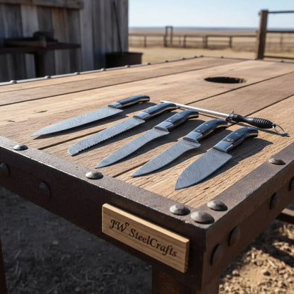 5-Piece Damascus Kitchen Knife Set — 9" Uniform Blades, Black Handles with Steel Bolsters, Leather Roll &amp; Honing Rod