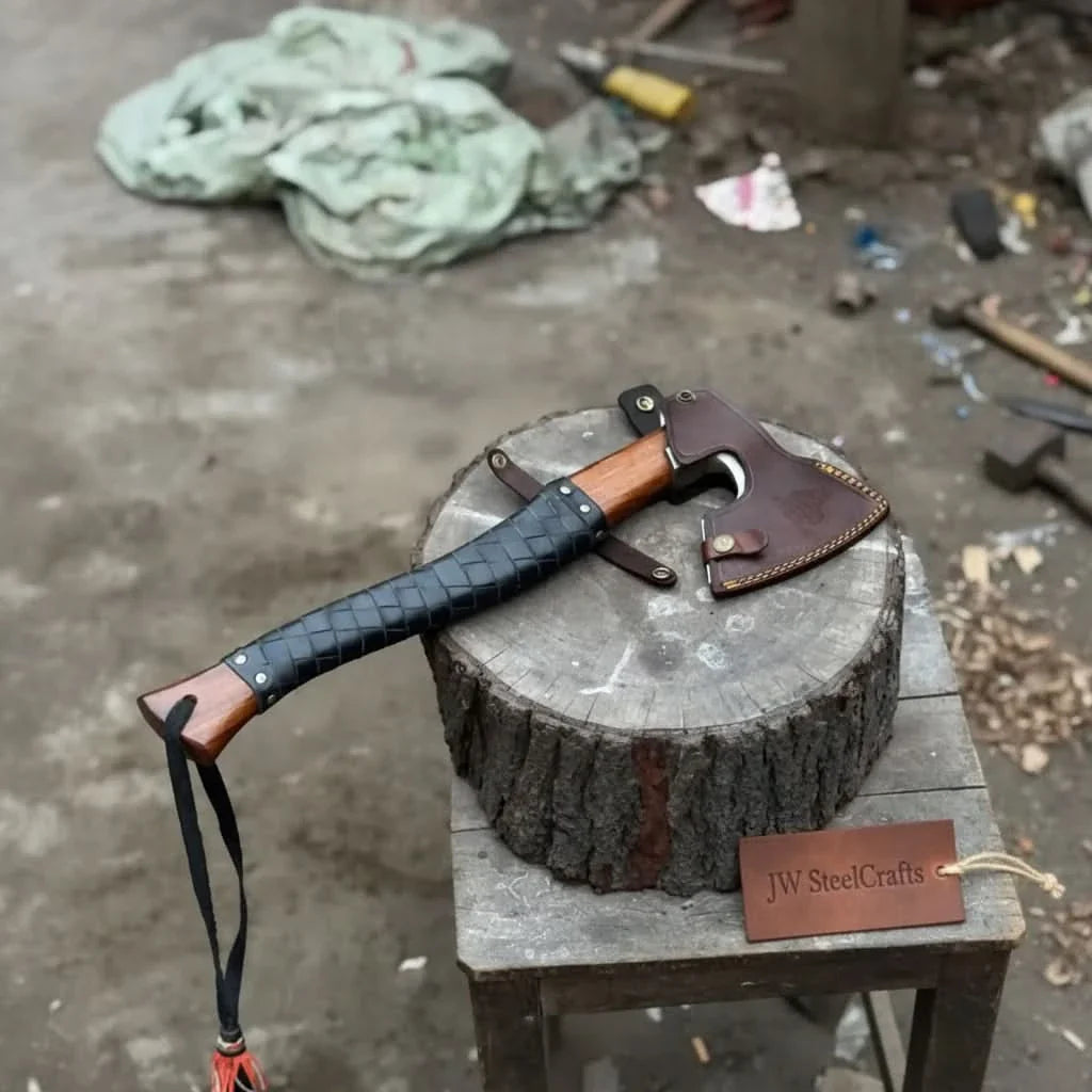 Viking Axe with Leather Wrapped Handle &amp; Engraved Head – JW SteelCrafts