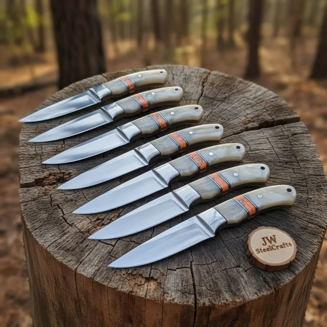 Handmade Artisan Bushcraft Knife Set of 7-Piece Full Tang Set with Bone Handles &amp; Orange Spacers
