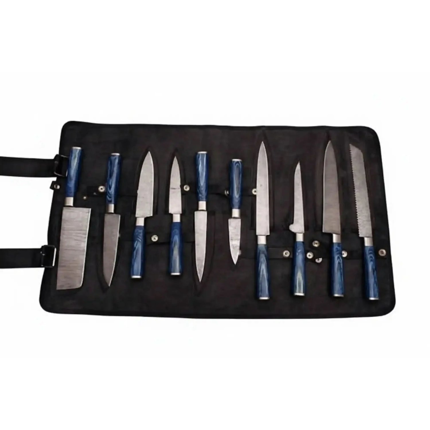 10-Piece Handmade Damascus Kitchen Knife Set – Blue Pakkawood Handles | Chef, Santoku, Cleaver, Bread, Slicing, Boning, Utility &amp; Paring