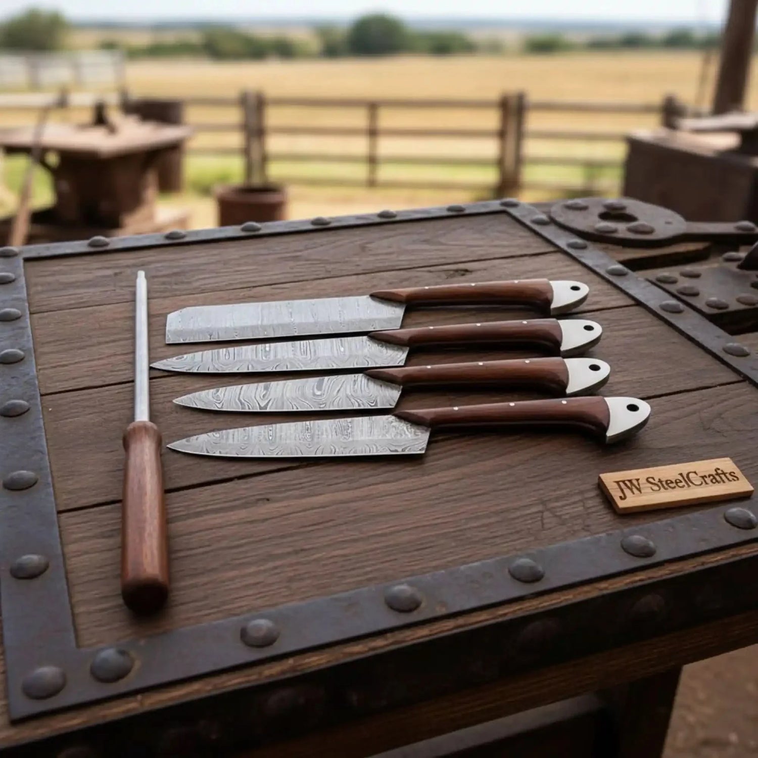 4-Piece Handmade Damascus Kitchen Knife Set – Rosewood Handles, Steel Bolsters &amp; Brass Pins | Chef, Santoku, Cleaver &amp; Utility | Leather Roll &amp; Honing Rod Included