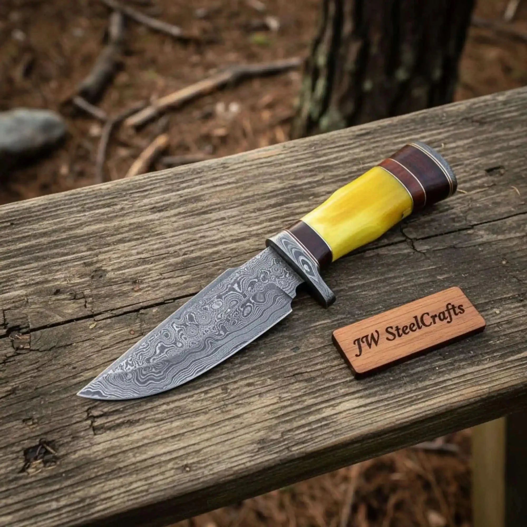 Frontier Clip Point Bowie Knife, Forged Damascus Steel with Colored Bone &amp; Wood Spacer Handle